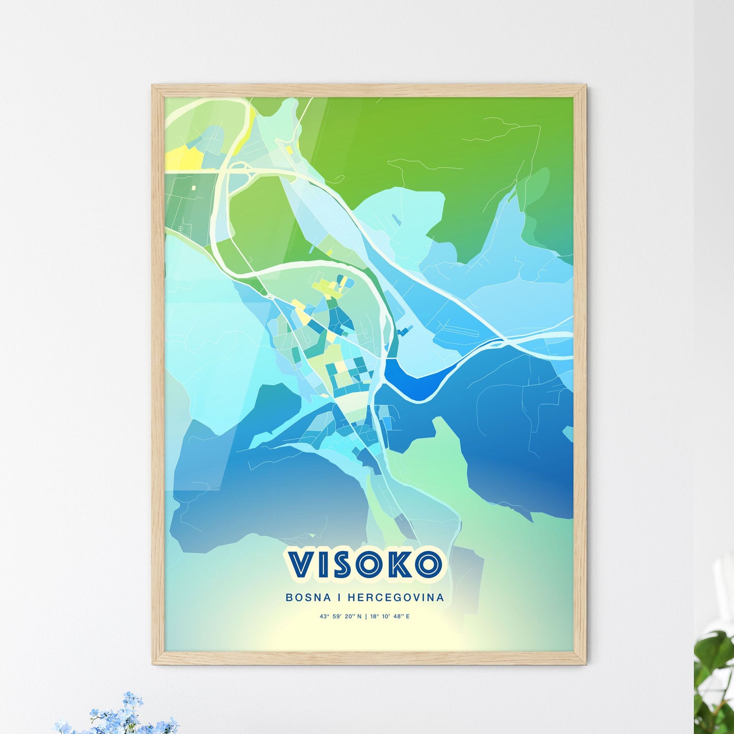 Colorful VISOKO BOSNIA AND HERZEGOVINA Fine Art Map Cool Blue