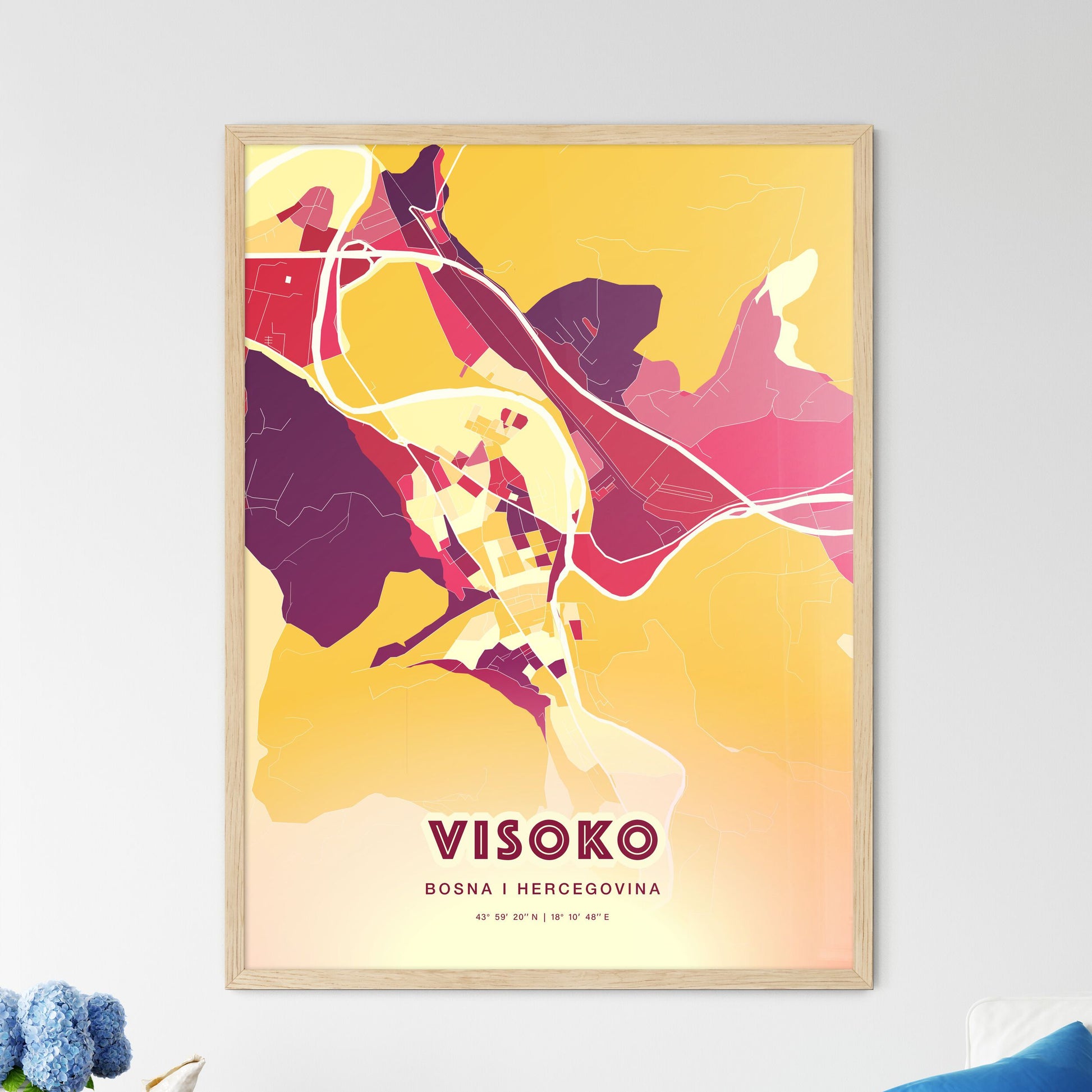 Colorful VISOKO BOSNIA AND HERZEGOVINA Fine Art Map Hot Red