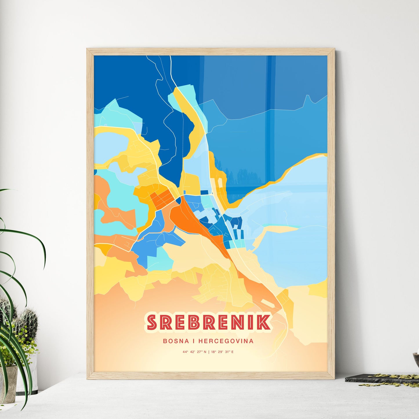 Colorful SREBRENIK BOSNIA AND HERZEGOVINA Fine Art Map Blue Orange