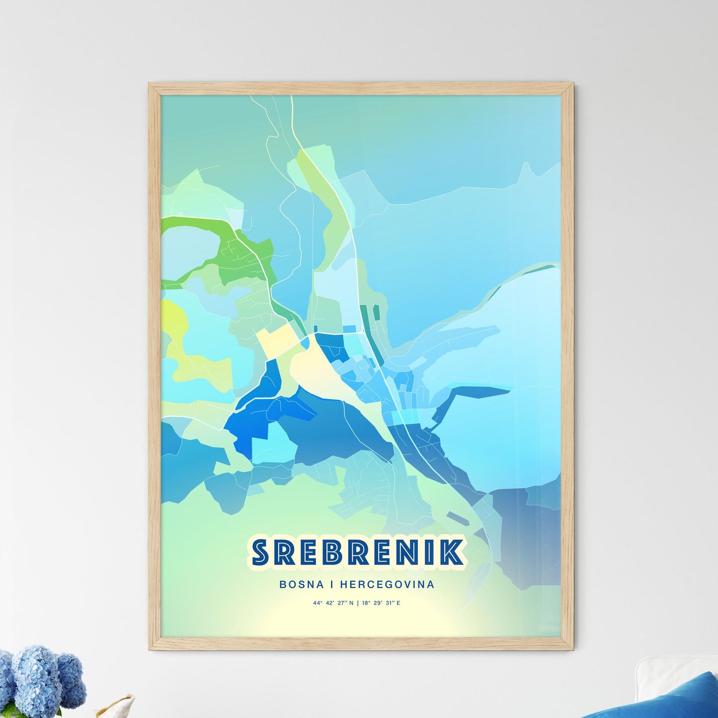 Colorful SREBRENIK BOSNIA AND HERZEGOVINA Fine Art Map Cool Blue