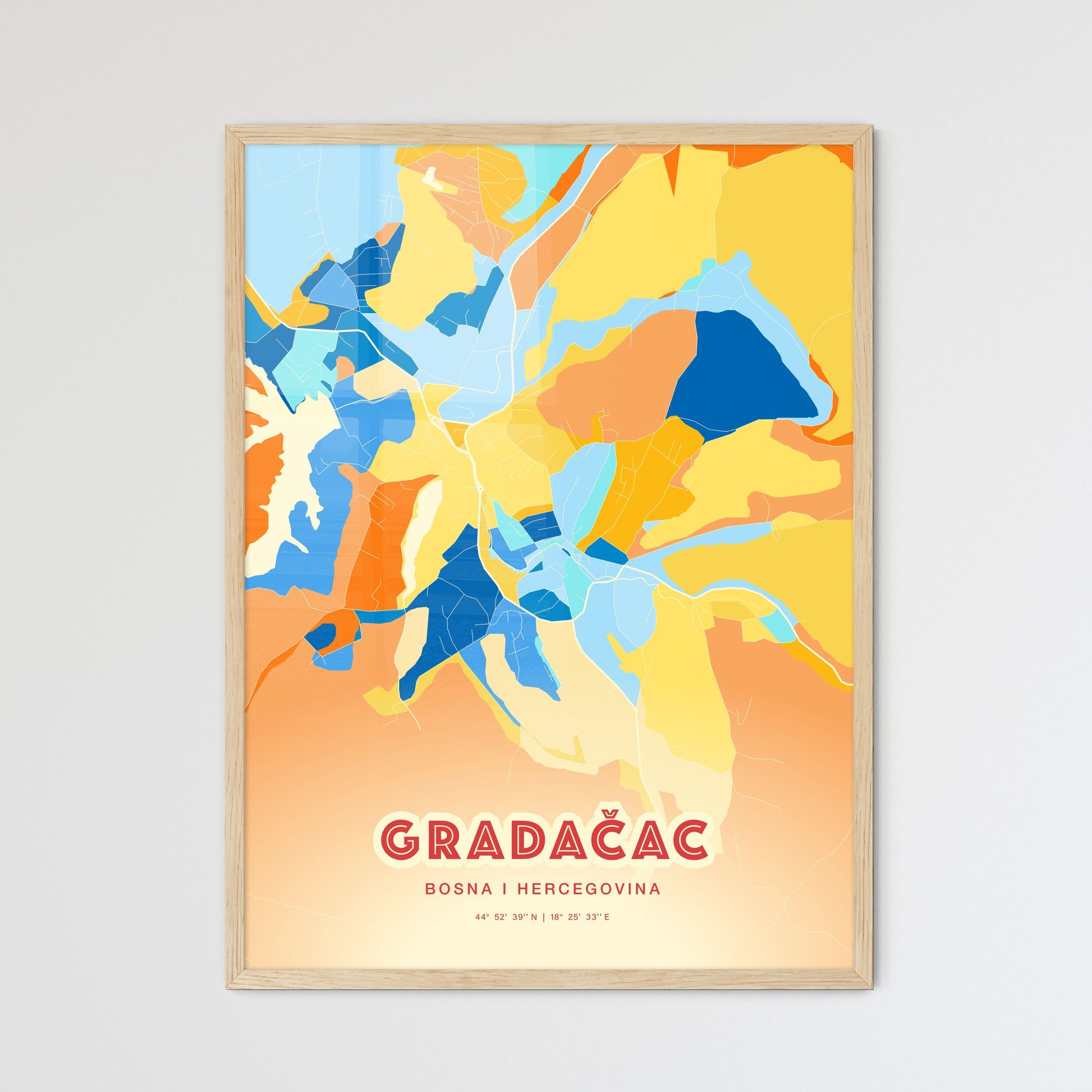 Colorful GRADAČAC BOSNIA AND HERZEGOVINA Fine Art Map Blue Orange