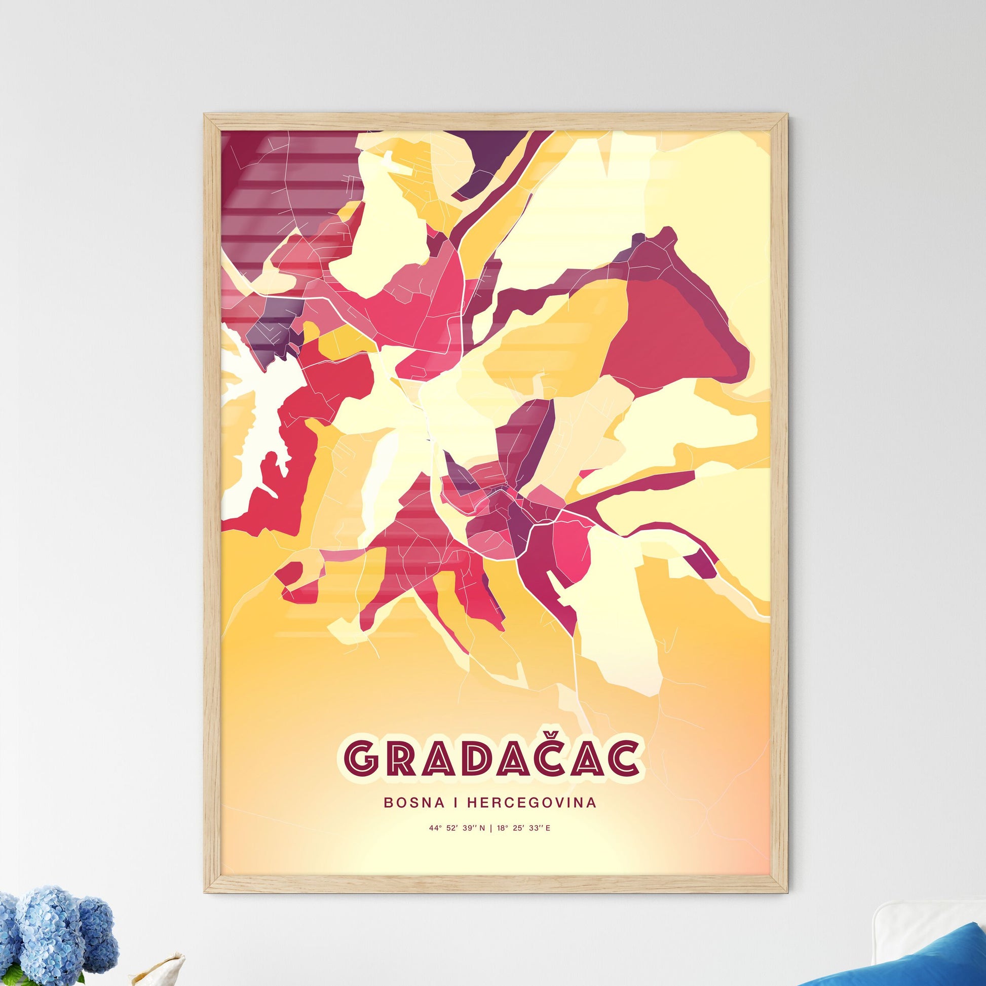 Colorful GRADAČAC BOSNIA AND HERZEGOVINA Fine Art Map Hot Red