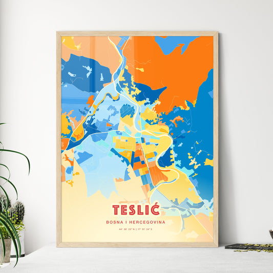 Colorful TESLIĆ BOSNIA AND HERZEGOVINA Fine Art Map Blue Orange