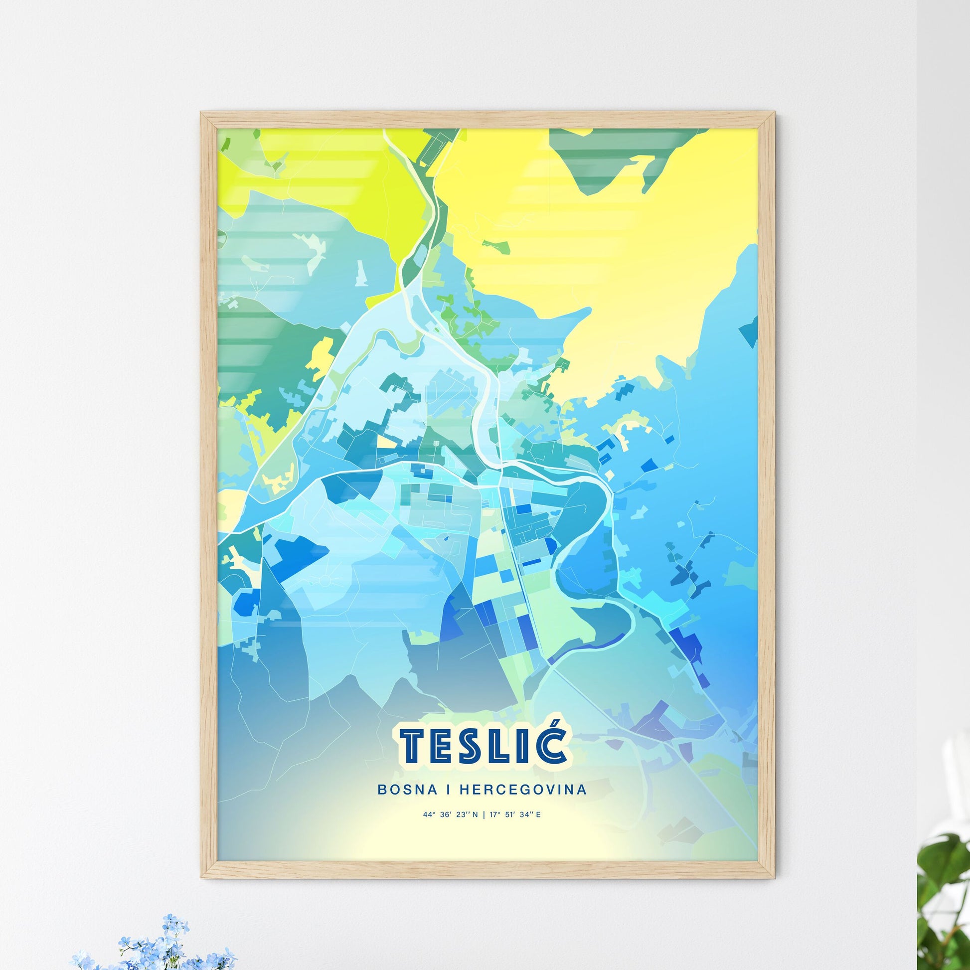 Colorful TESLIĆ BOSNIA AND HERZEGOVINA Fine Art Map Cool Blue