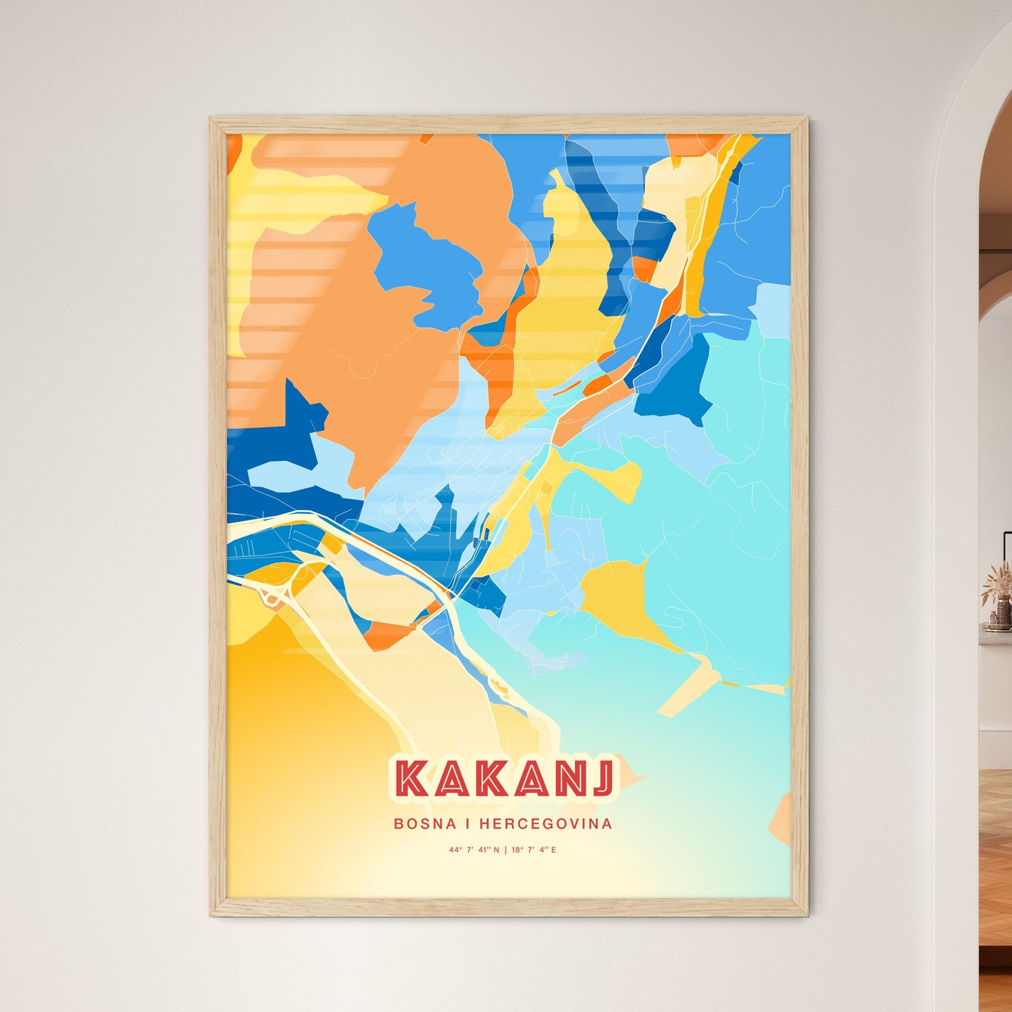 Colorful KAKANJ BOSNIA AND HERZEGOVINA Fine Art Map Blue Orange