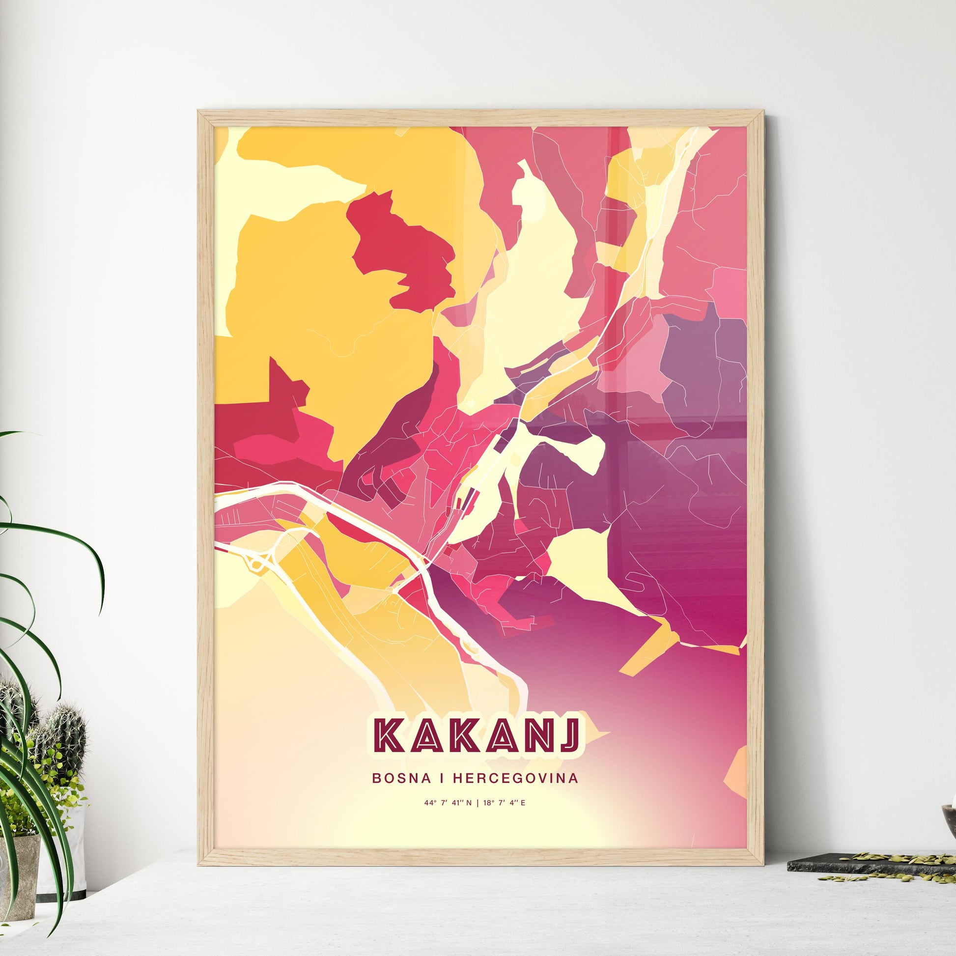 Colorful KAKANJ BOSNIA AND HERZEGOVINA Fine Art Map Hot Red