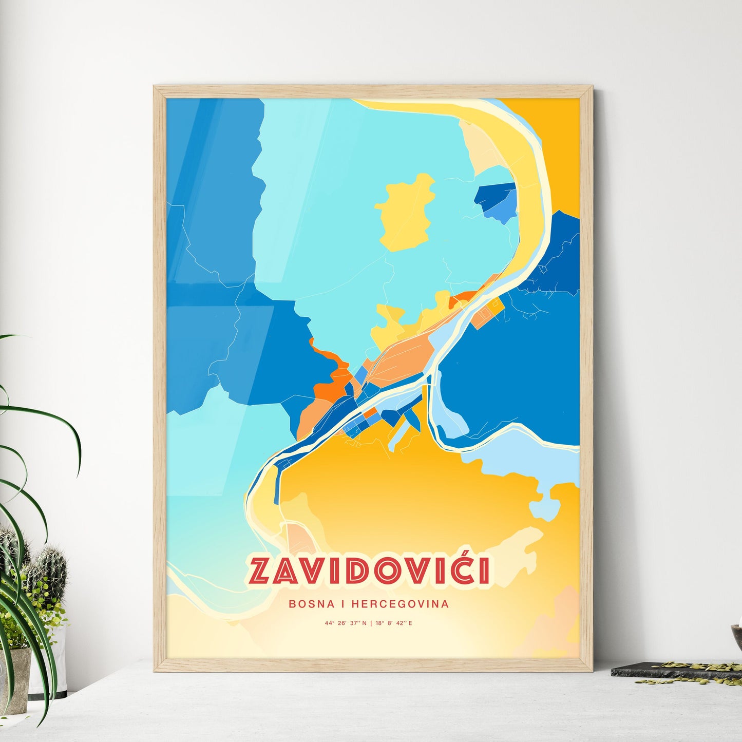 Colorful ZAVIDOVIĆI BOSNIA AND HERZEGOVINA Fine Art Map Blue Orange