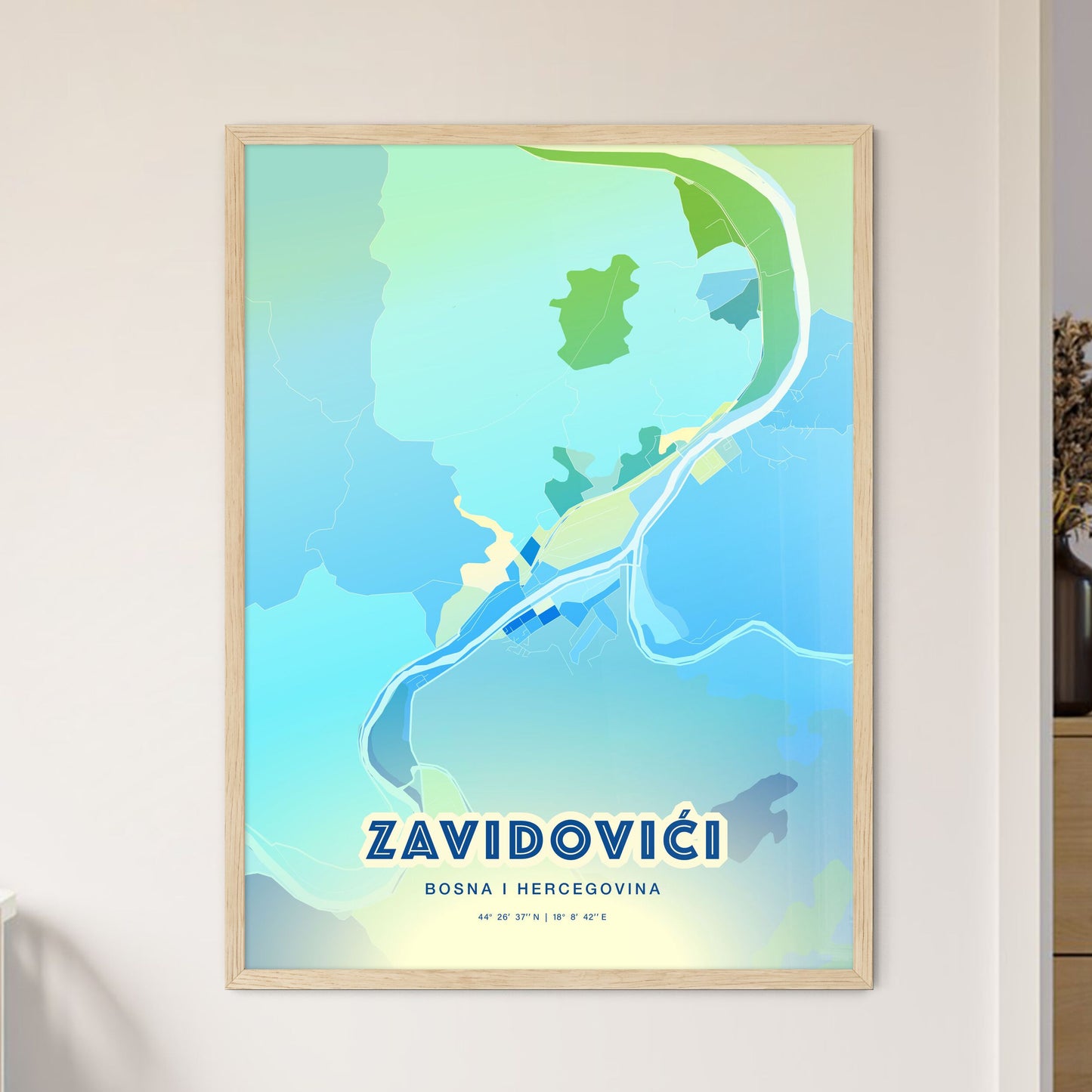 Colorful ZAVIDOVIĆI BOSNIA AND HERZEGOVINA Fine Art Map Cool Blue