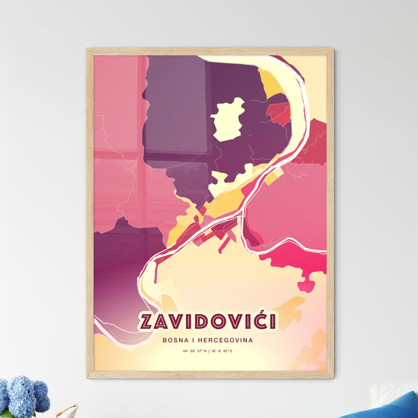 Colorful ZAVIDOVIĆI BOSNIA AND HERZEGOVINA Fine Art Map Hot Red