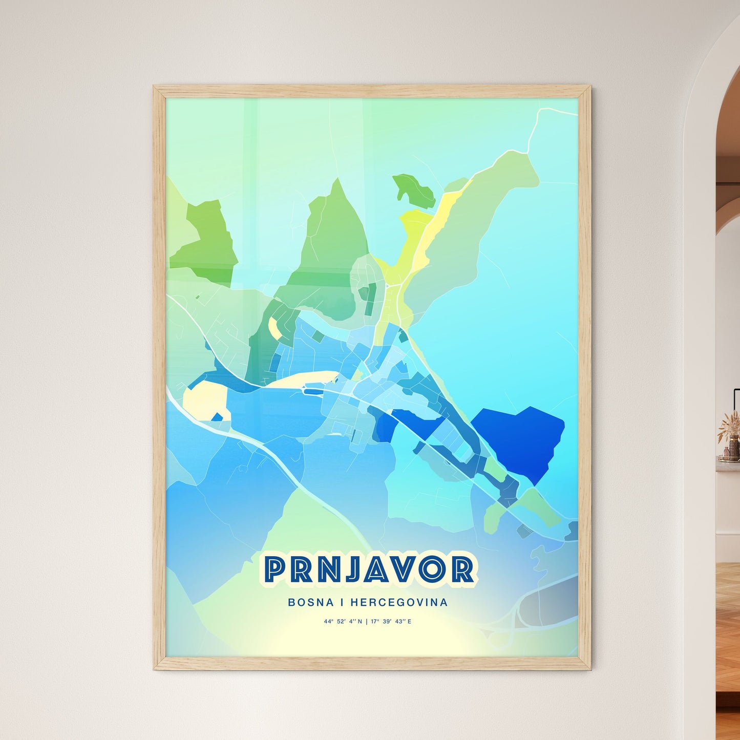 Colorful PRNJAVOR BOSNIA AND HERZEGOVINA Fine Art Map Cool Blue