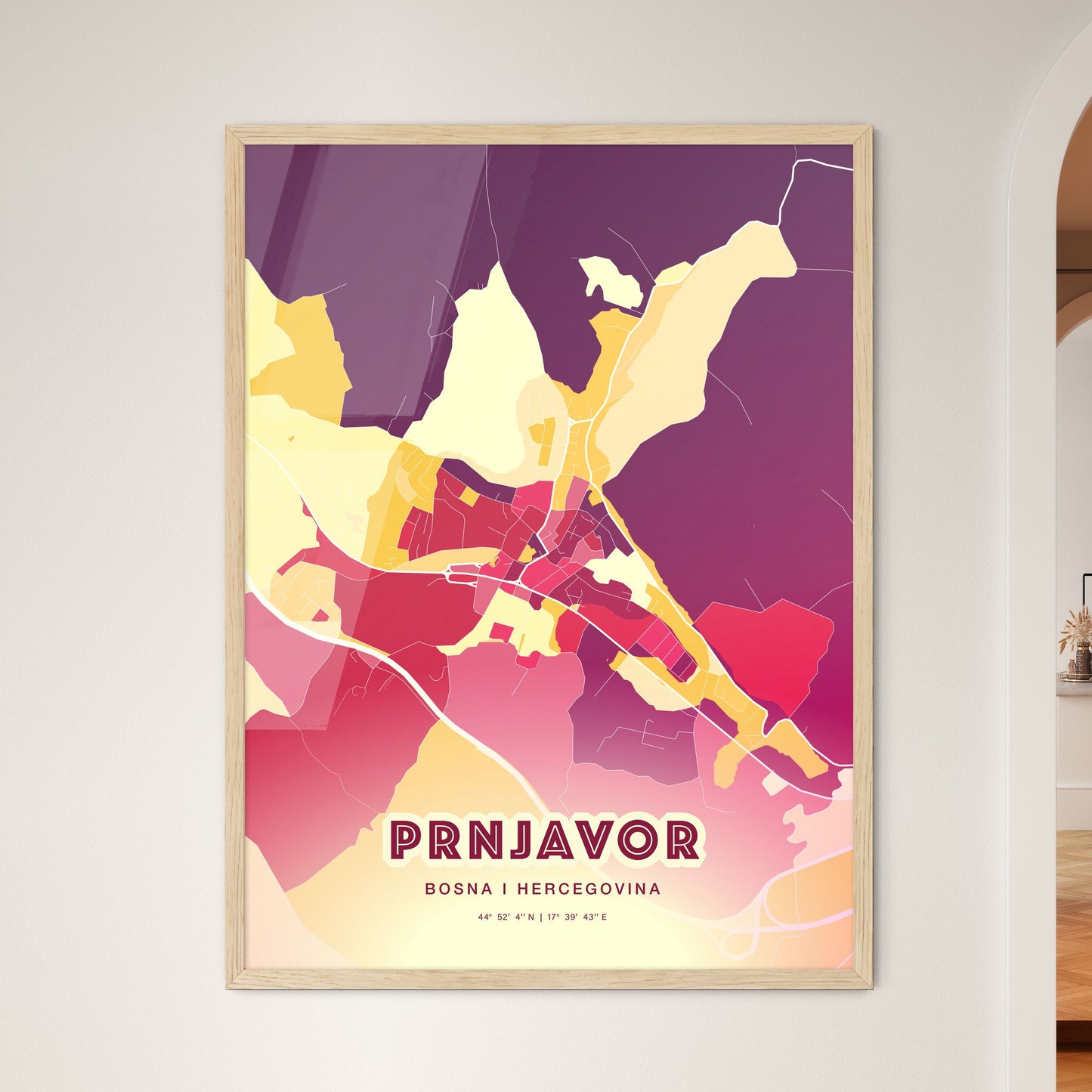 Colorful PRNJAVOR BOSNIA AND HERZEGOVINA Fine Art Map Hot Red