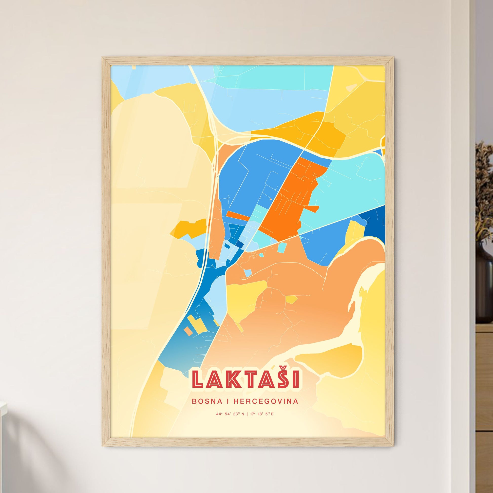 Colorful LAKTAŠI BOSNIA AND HERZEGOVINA Fine Art Map Blue Orange