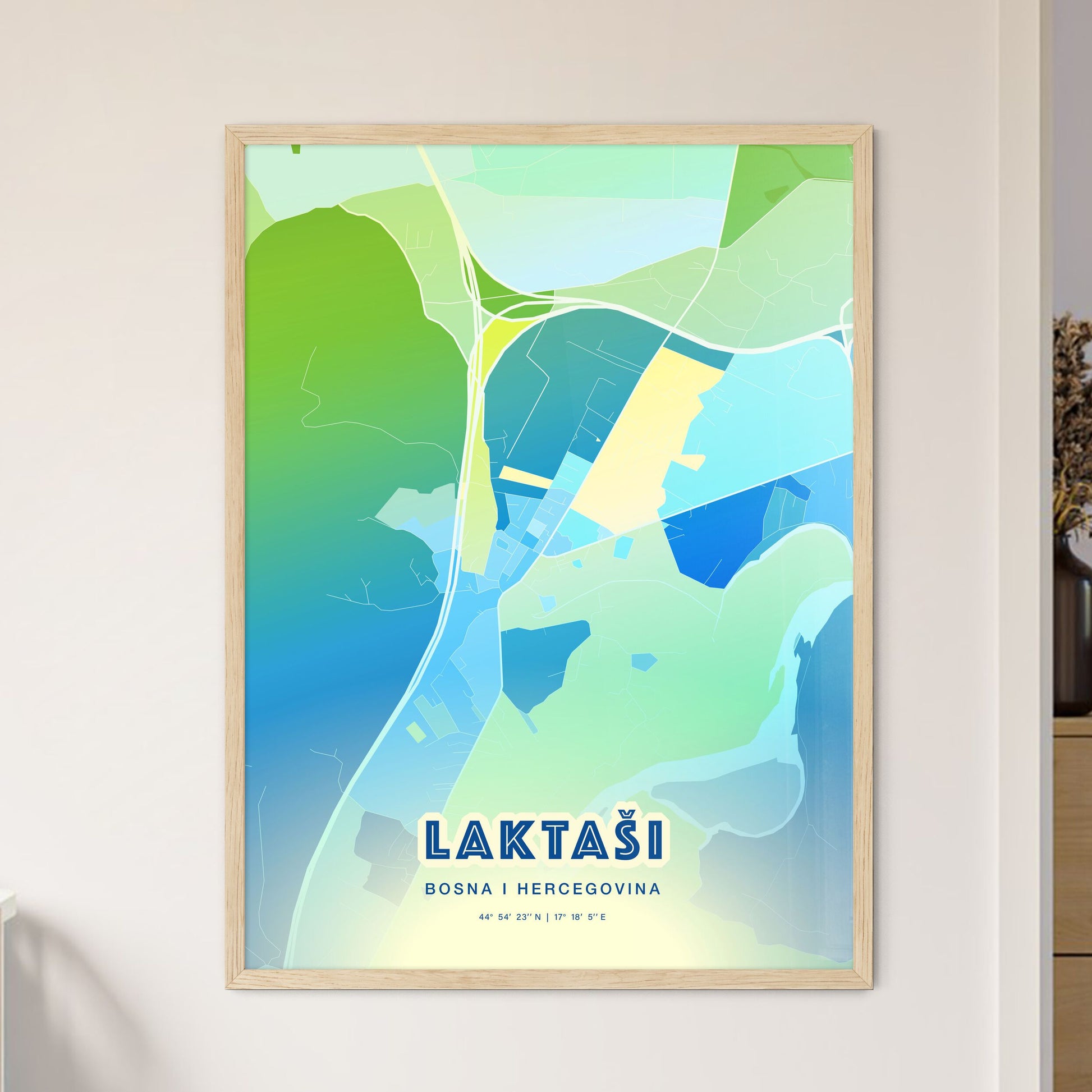 Colorful LAKTAŠI BOSNIA AND HERZEGOVINA Fine Art Map Cool Blue