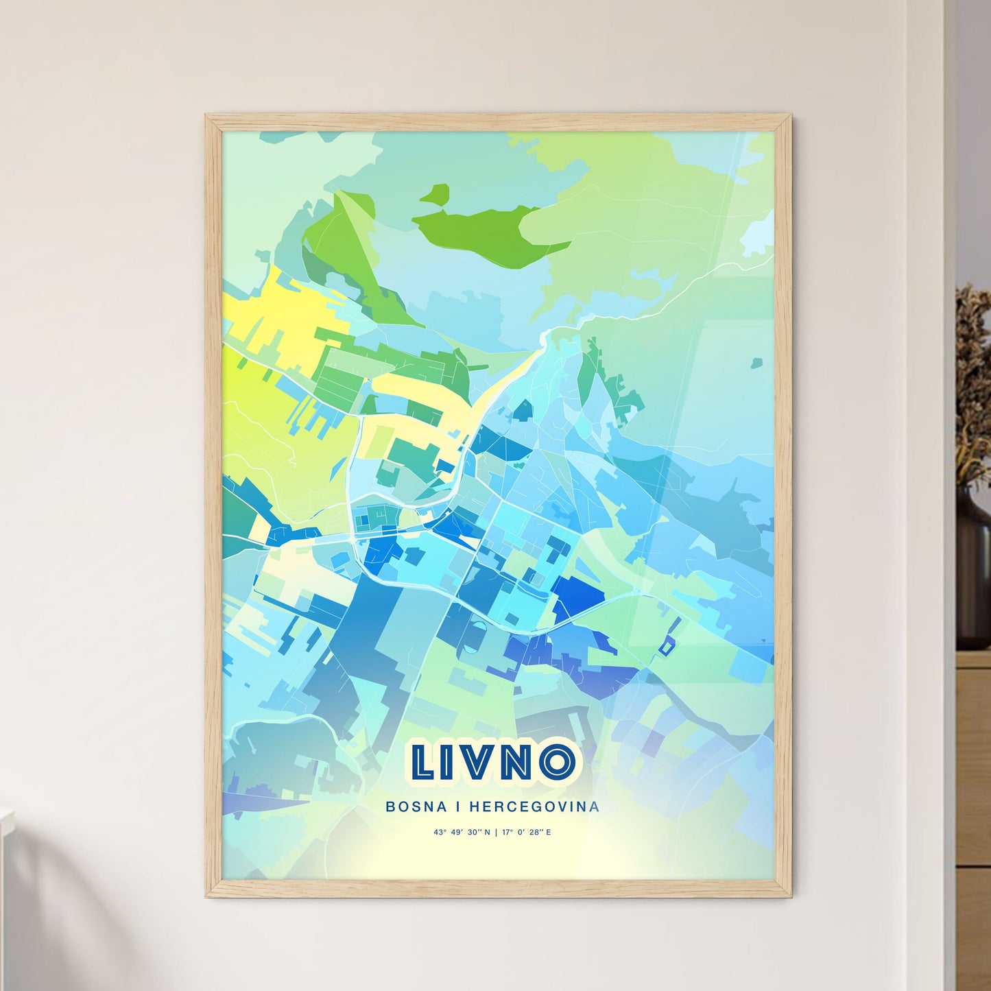 Colorful LIVNO BOSNIA AND HERZEGOVINA Fine Art Map Cool Blue