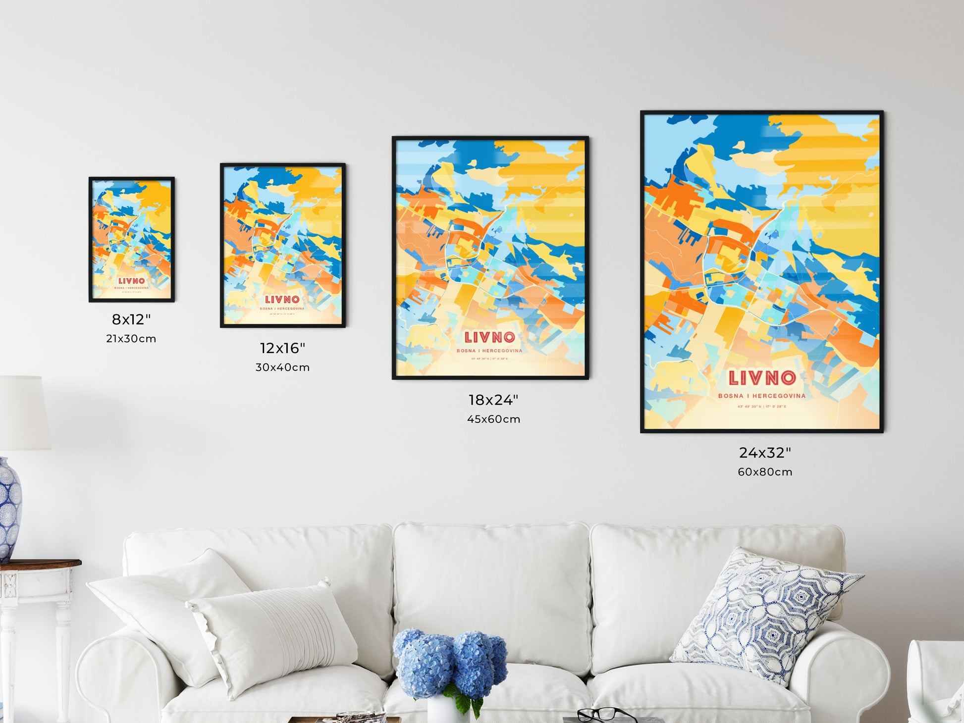 Colorful LIVNO BOSNIA AND HERZEGOVINA Fine Art Map Blue Orange