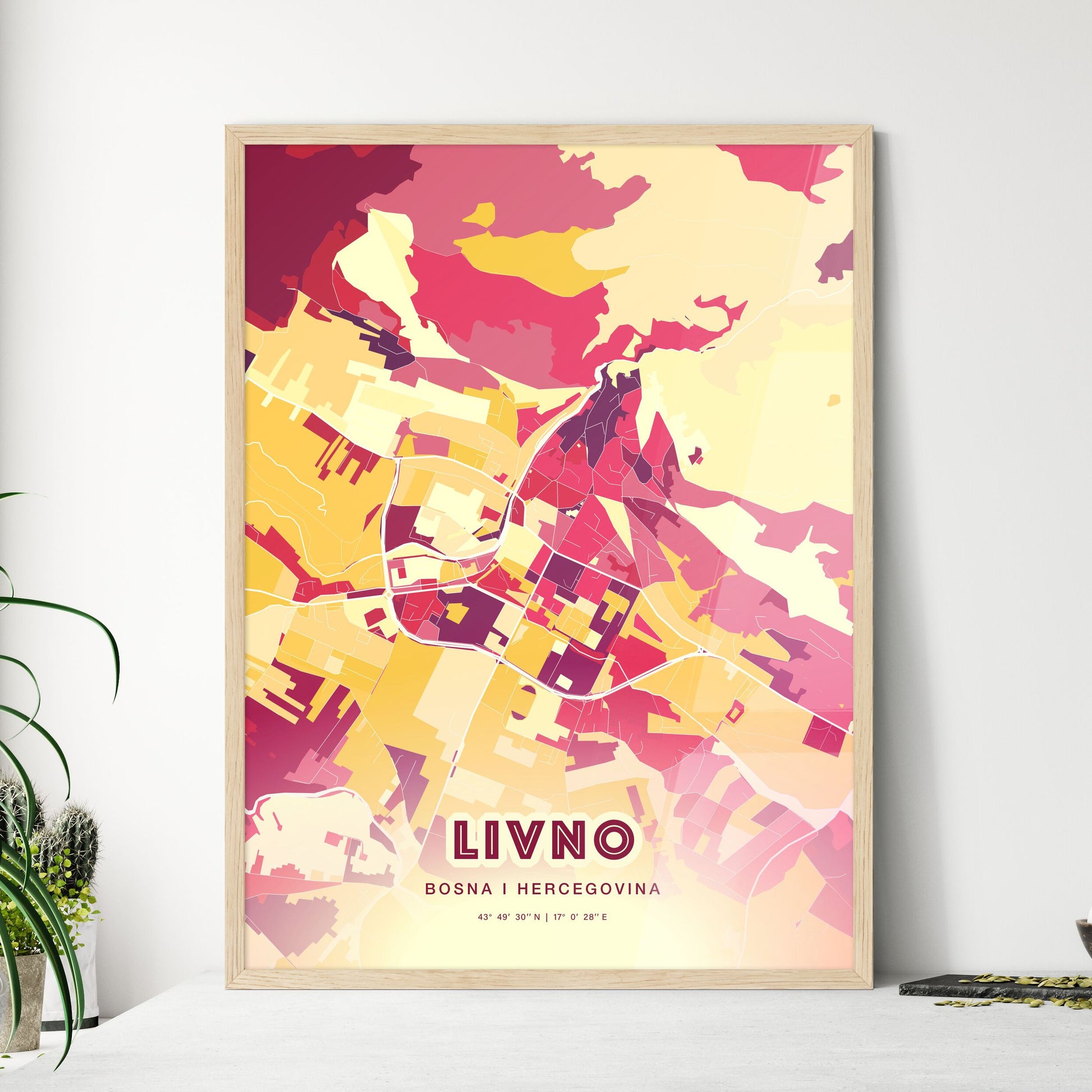 Colorful LIVNO BOSNIA AND HERZEGOVINA Fine Art Map Hot Red