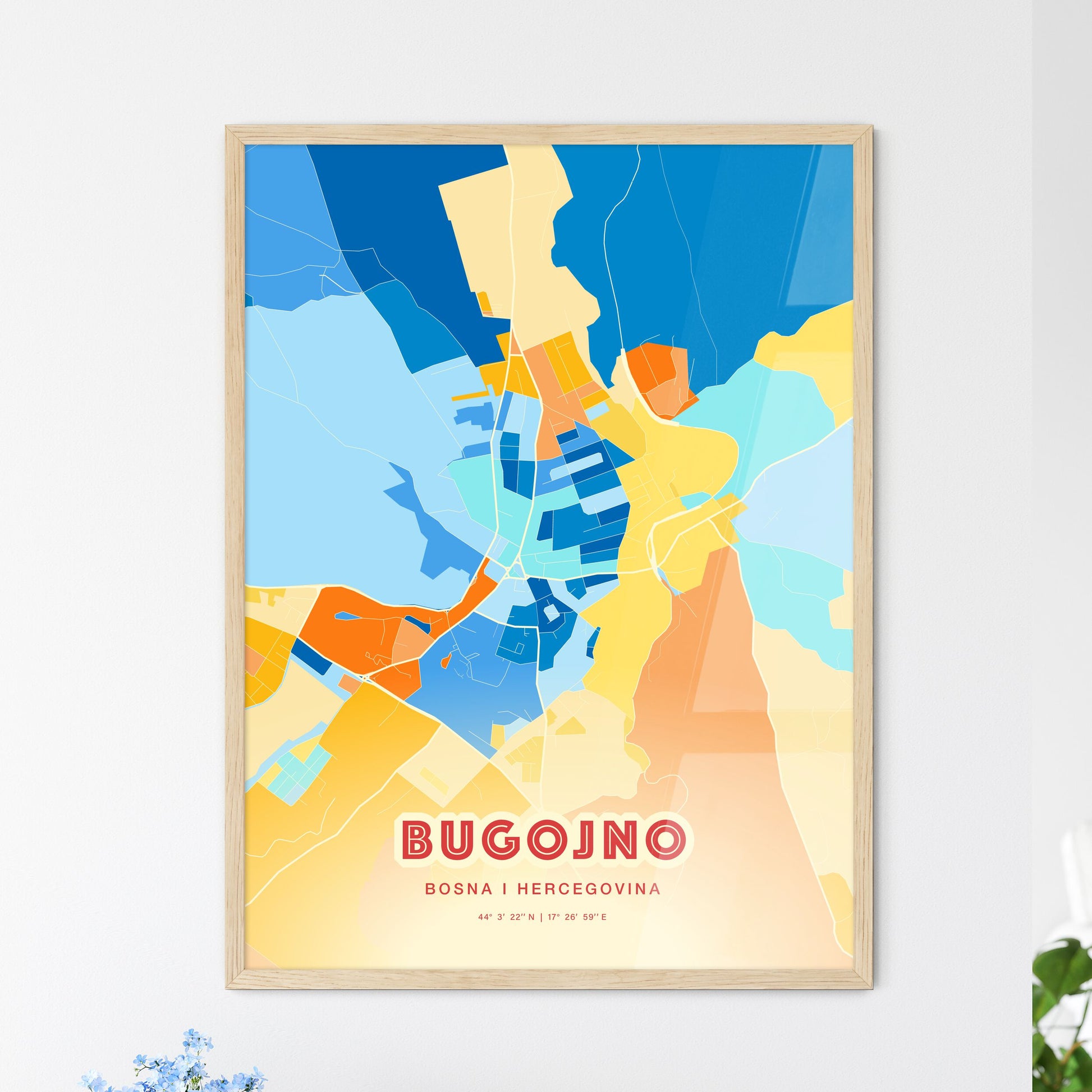 Colorful BUGOJNO BOSNIA AND HERZEGOVINA Fine Art Map Blue Orange