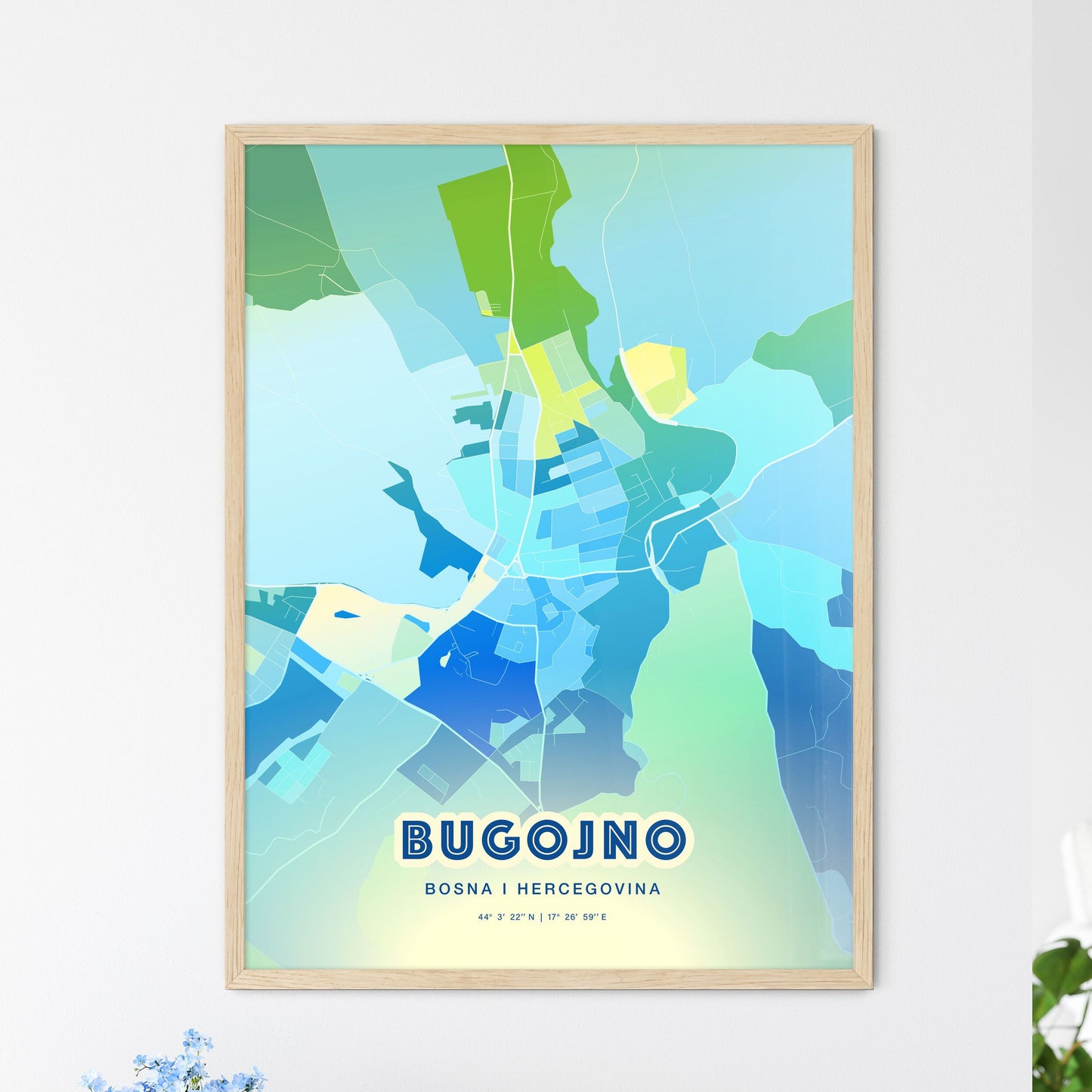 Colorful BUGOJNO BOSNIA AND HERZEGOVINA Fine Art Map Cool Blue