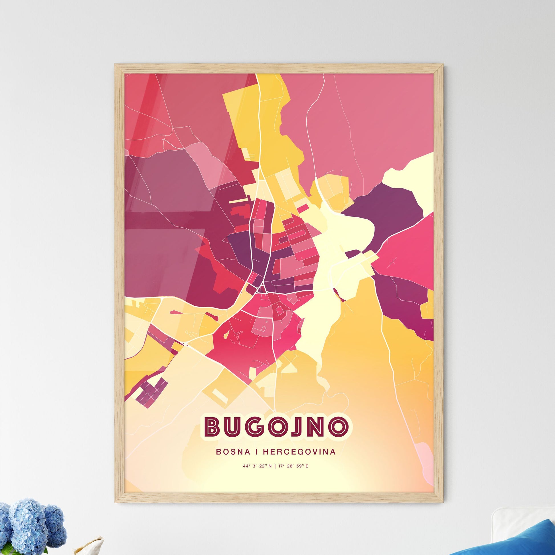 Colorful BUGOJNO BOSNIA AND HERZEGOVINA Fine Art Map Hot Red