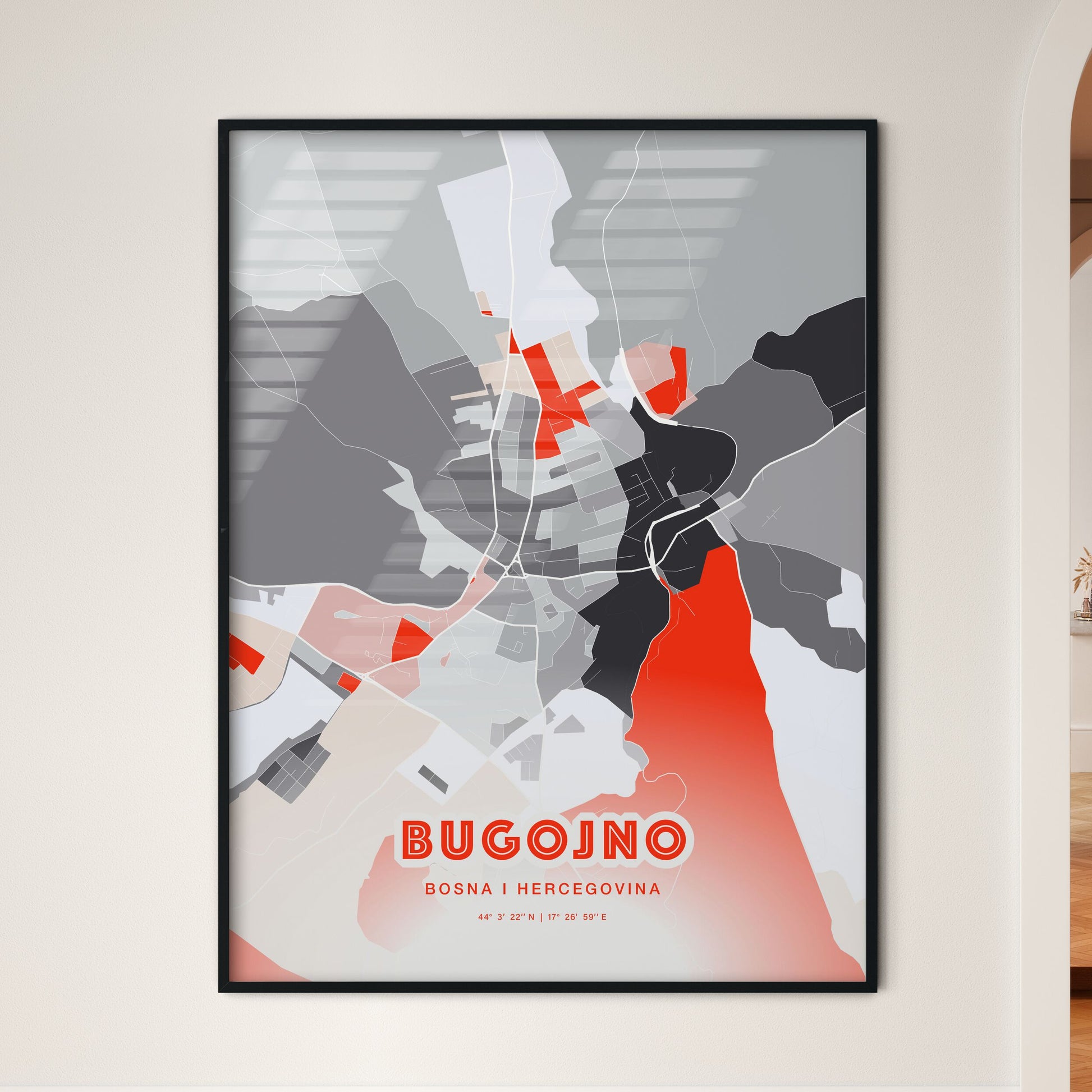 Colorful BUGOJNO BOSNIA AND HERZEGOVINA Fine Art Map Modern