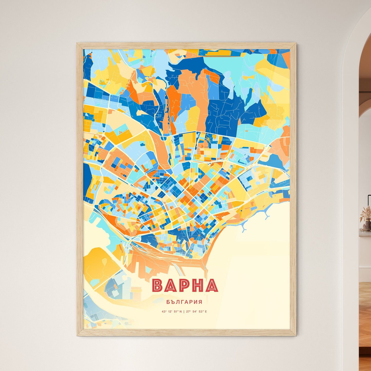 Colorful Varna Bulgaria Fine Art Map Blue Orange