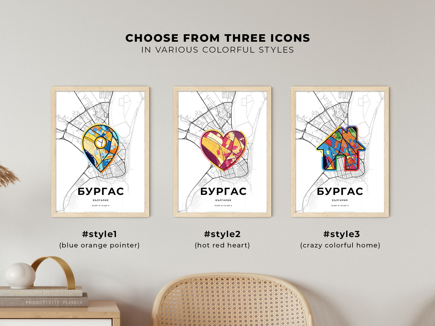 Burgas Bulgaria maps with colorful icons