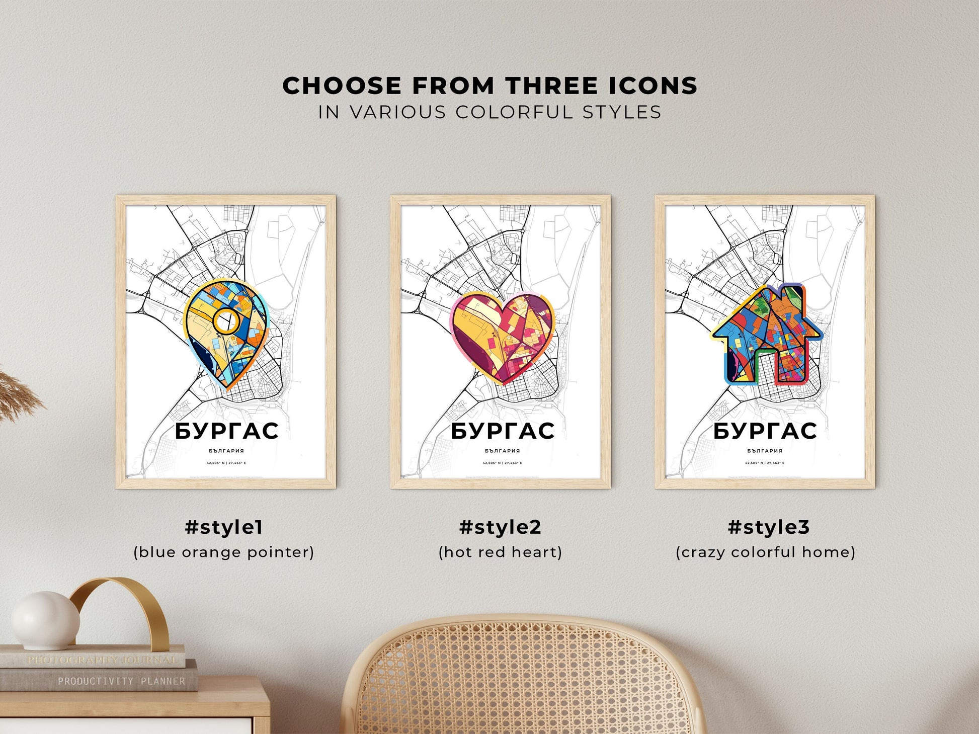 Burgas Bulgaria maps with colorful icons