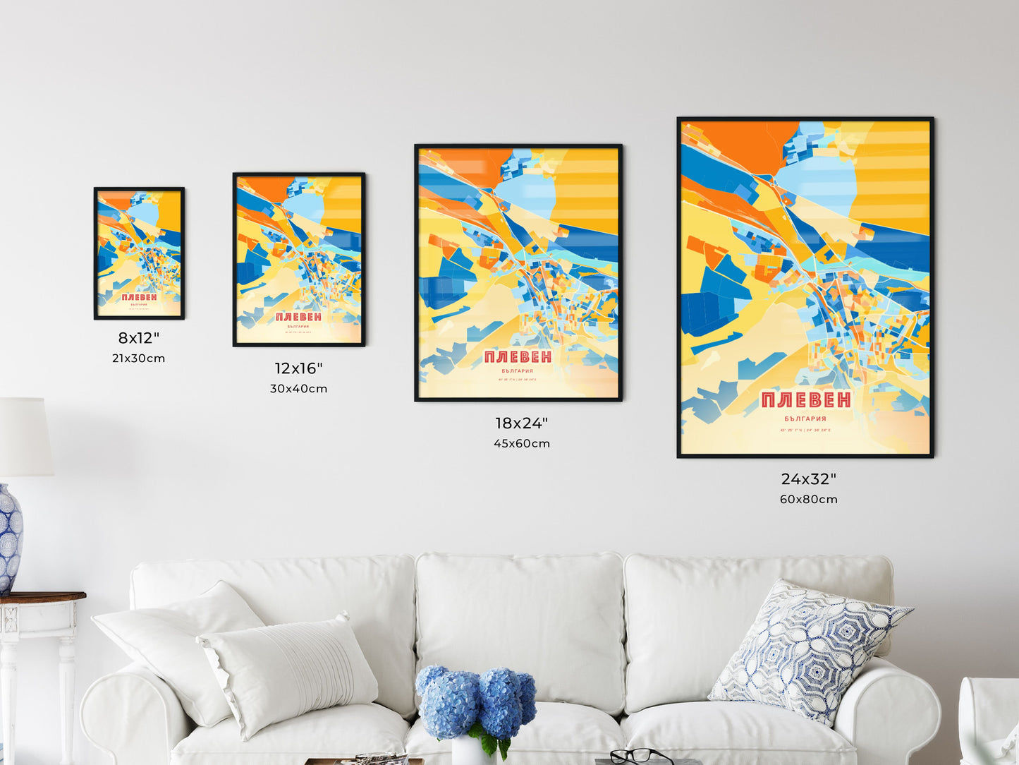 Colorful PLEVEN BULGARIA Fine Art Map Blue Orange