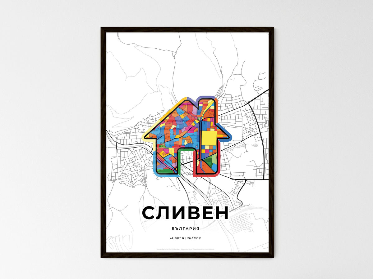 Sliven Bulgaria wedding art map with home icon