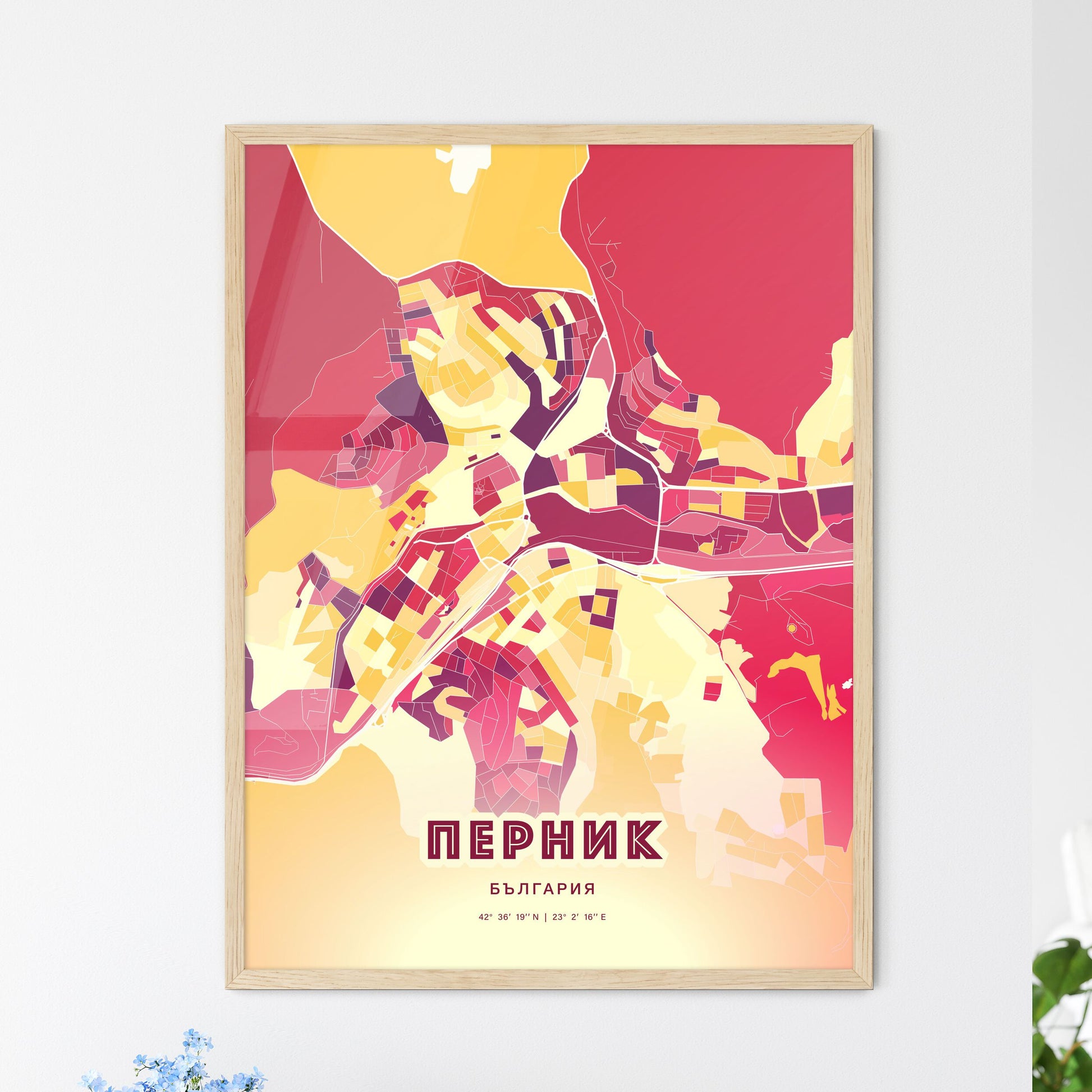 Colorful PERNIK BULGARIA Fine Art Map Hot Red