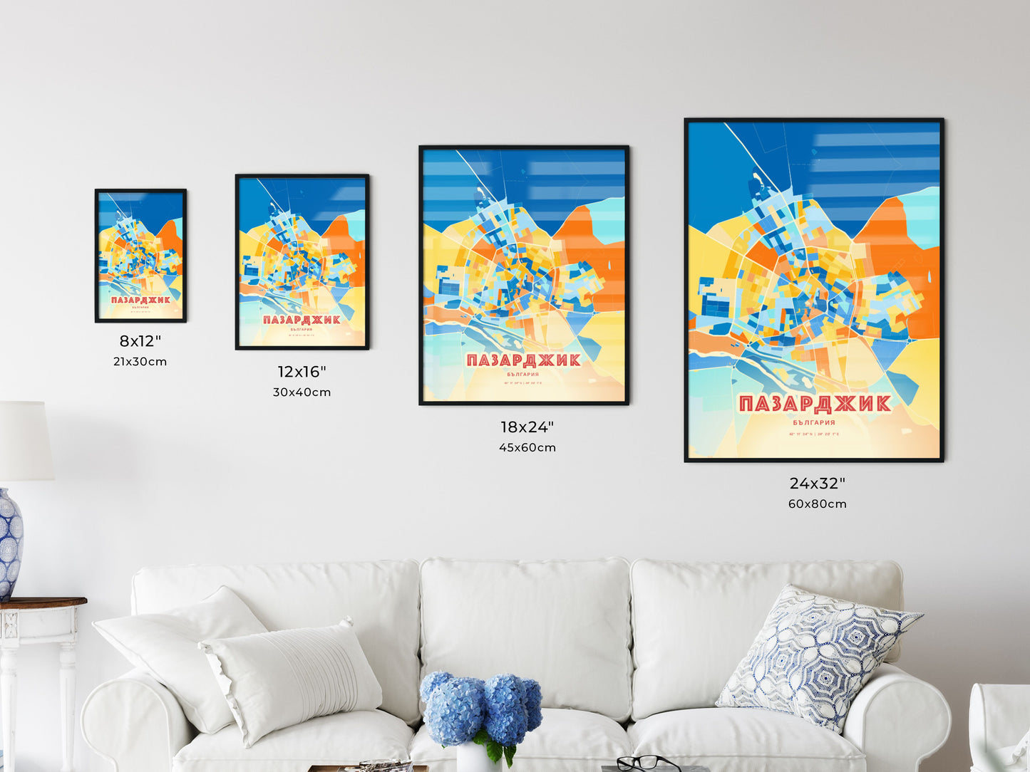 Colorful PAZARDZHIK BULGARIA Fine Art Map Blue Orange