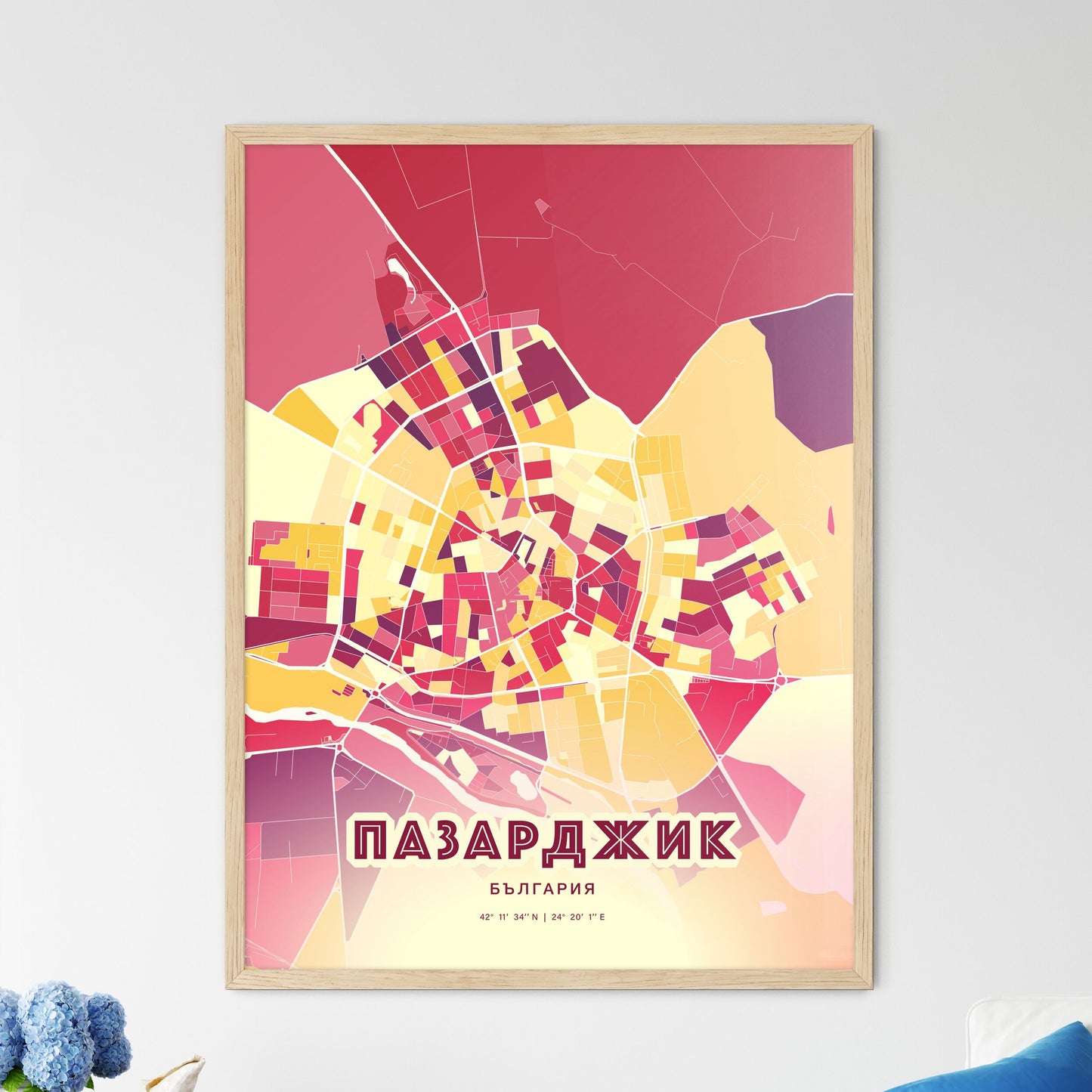 Colorful PAZARDZHIK BULGARIA Fine Art Map Hot Red