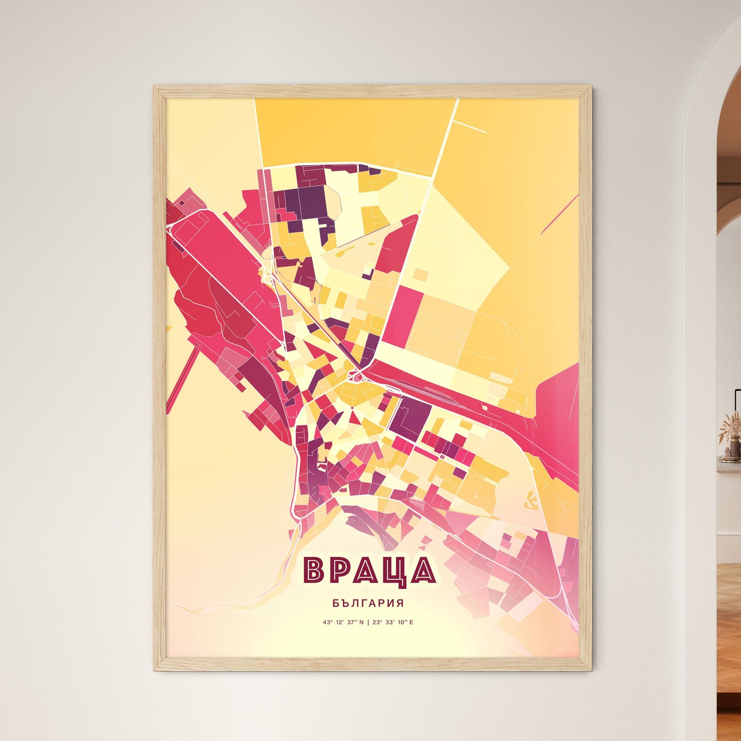 Colorful VRATSA BULGARIA Fine Art Map Hot Red