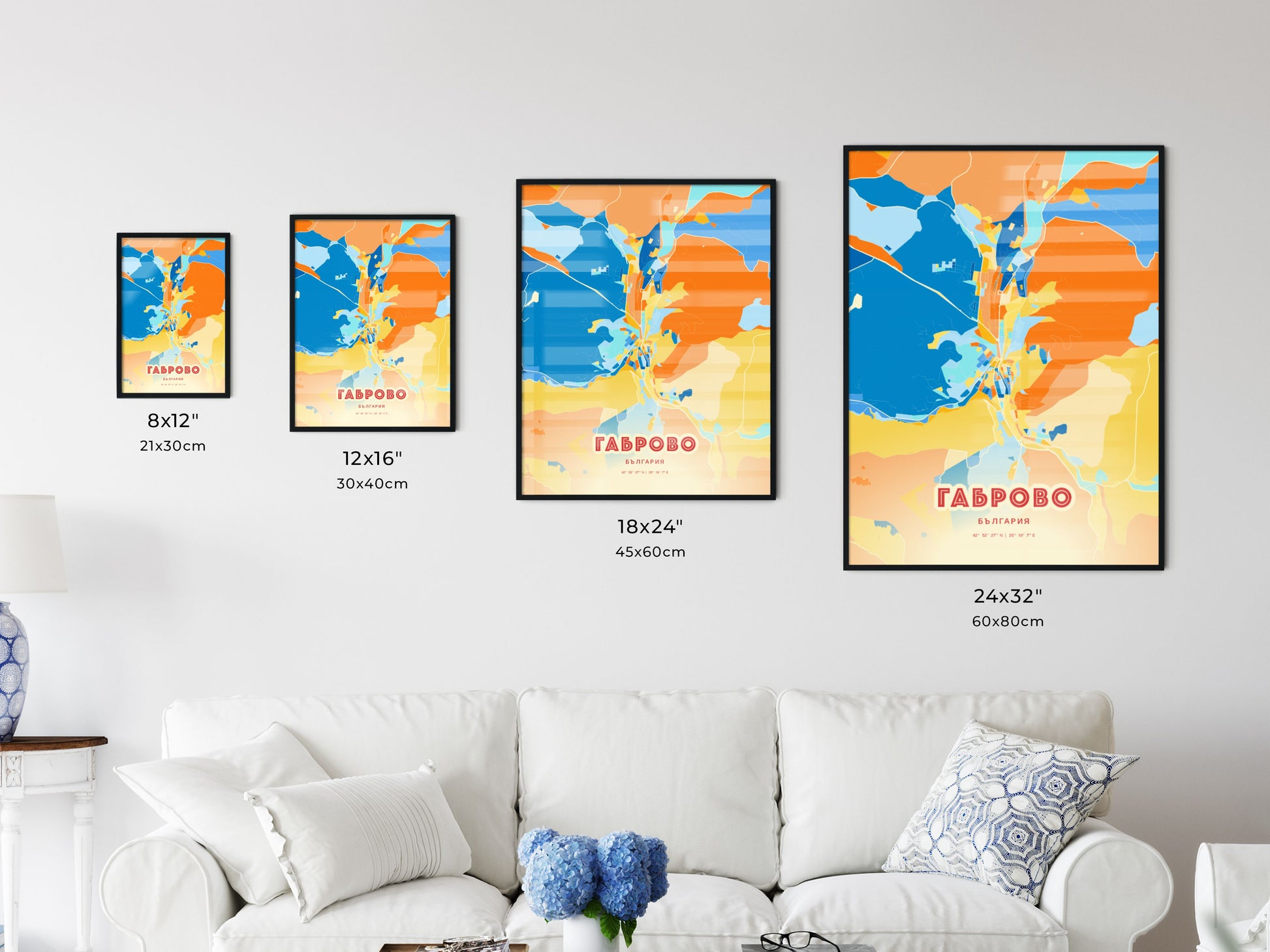 Colorful GABROVO BULGARIA Fine Art Map Blue Orange