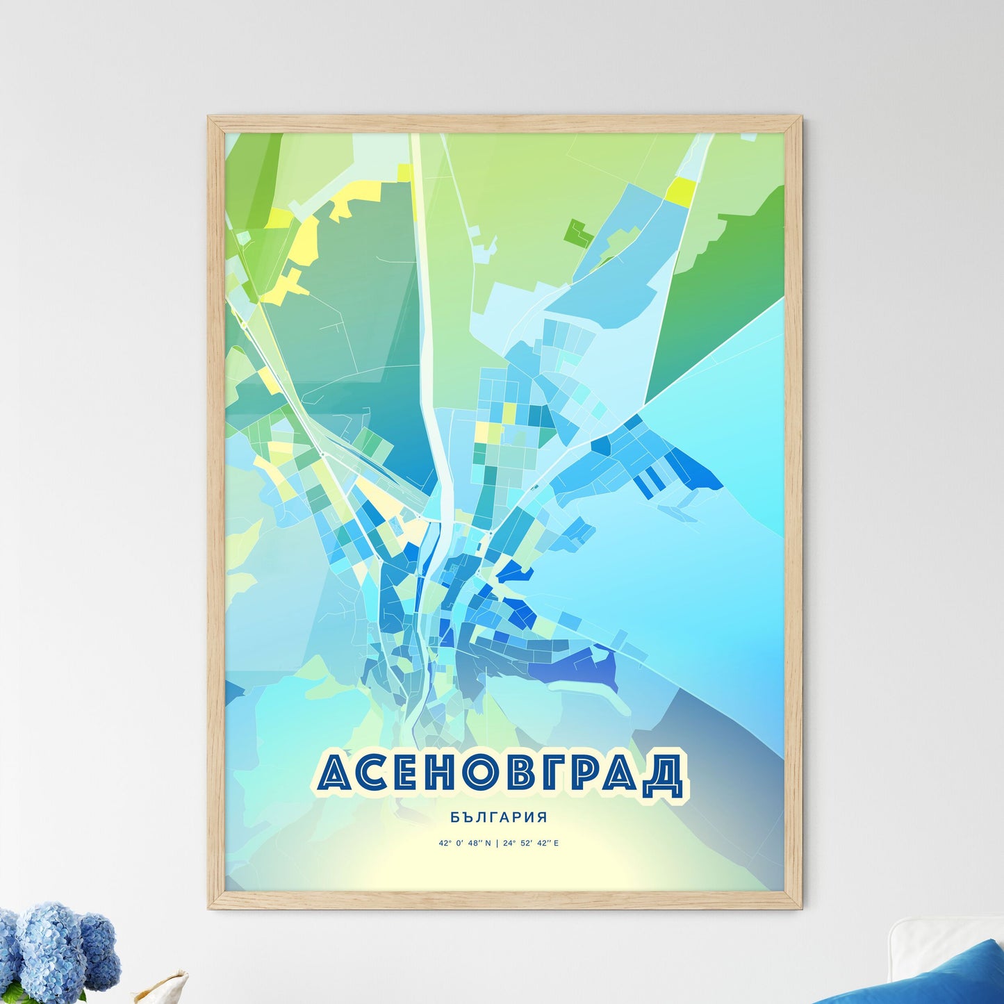 Colorful ASENOVGRAD BULGARIA Fine Art Map Cool Blue