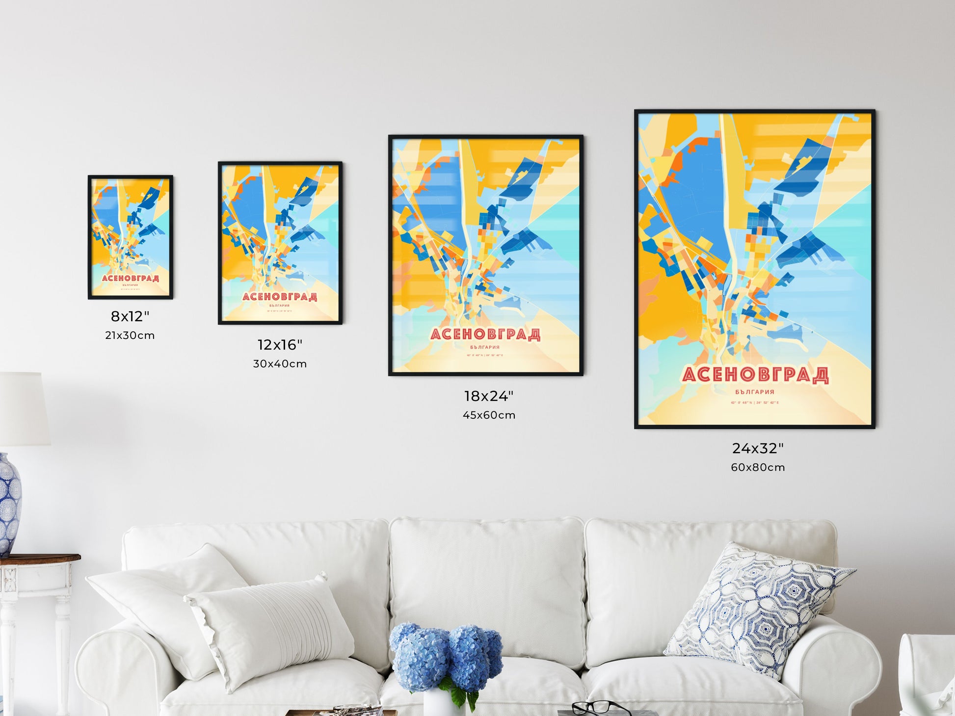 Colorful ASENOVGRAD BULGARIA Fine Art Map Blue Orange