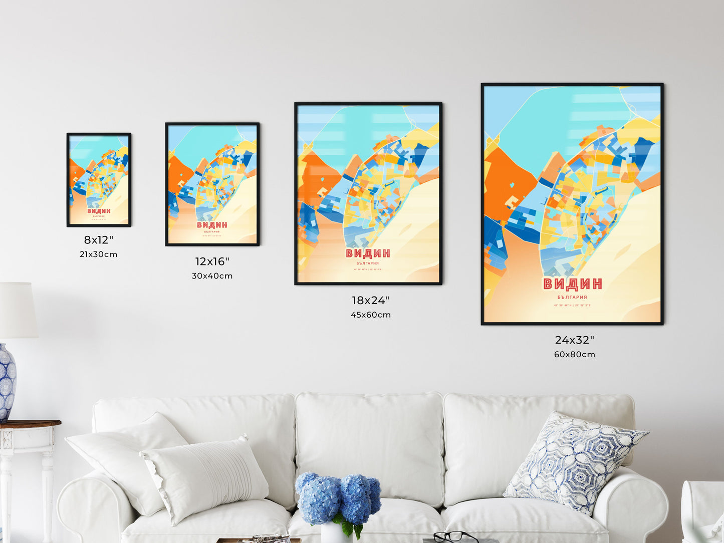 Colorful VIDIN BULGARIA Fine Art Map Blue Orange