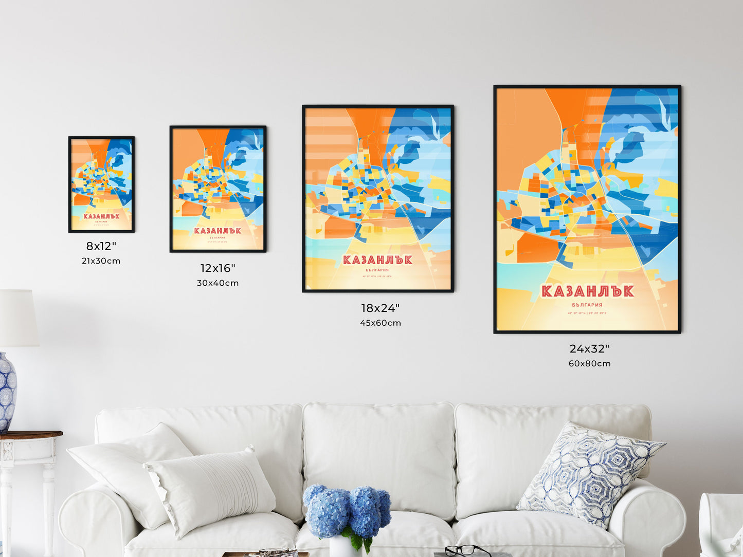 Colorful KAZANLAK BULGARIA Fine Art Map Blue Orange