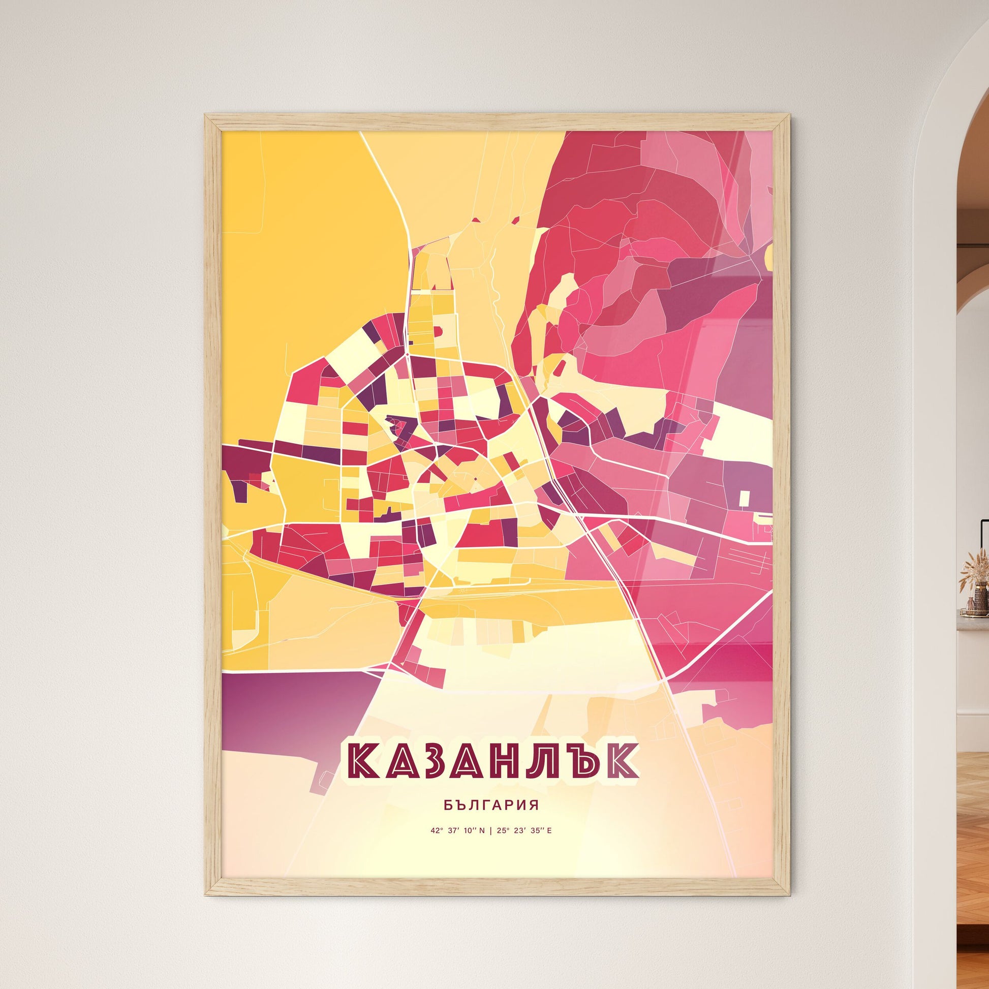 Colorful KAZANLAK BULGARIA Fine Art Map Hot Red