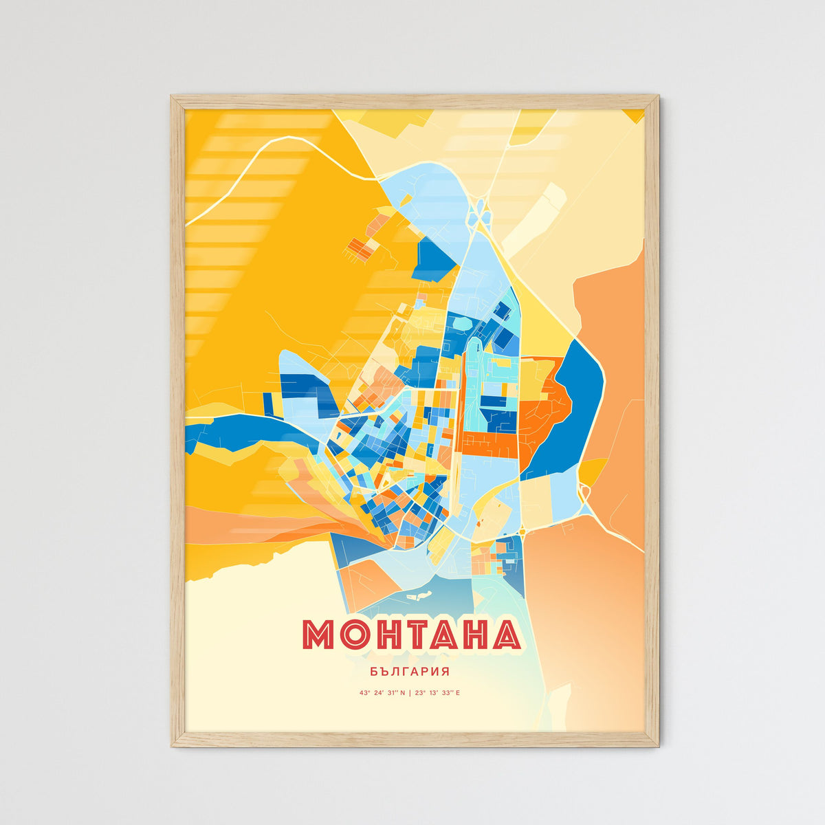Colorful MONTANA BULGARIA Fine Art Map Blue Orange