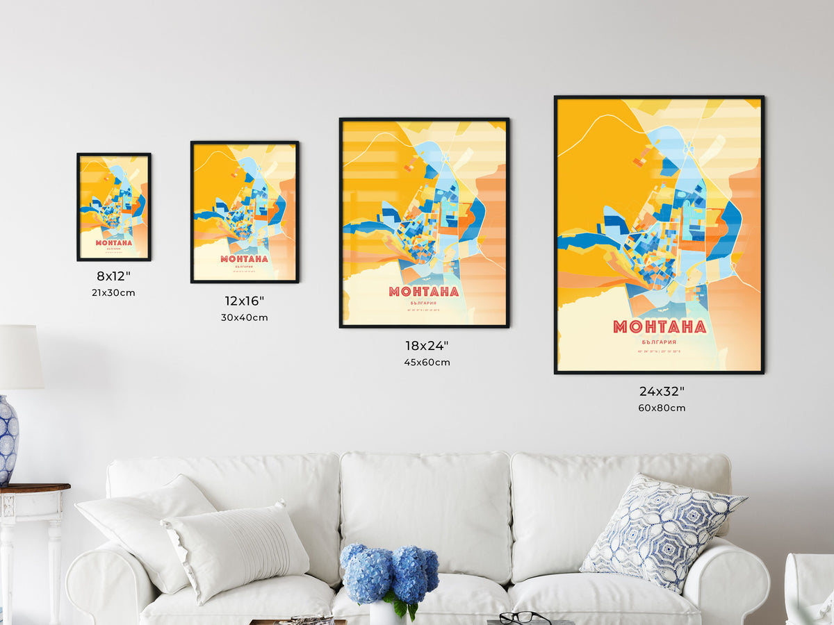 Colorful MONTANA BULGARIA Fine Art Map Blue Orange