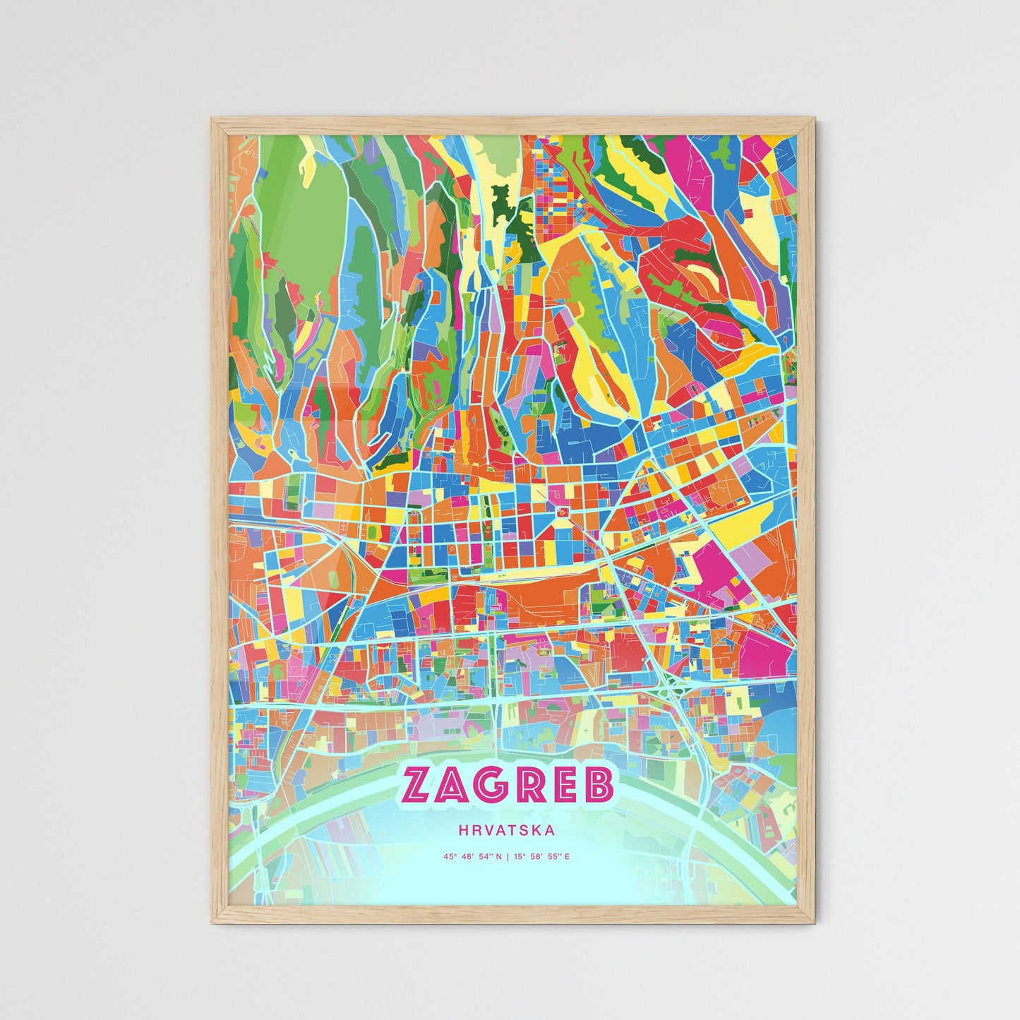 Colorful ZAGREB CROATIA Fine Art Map Crazy Colors