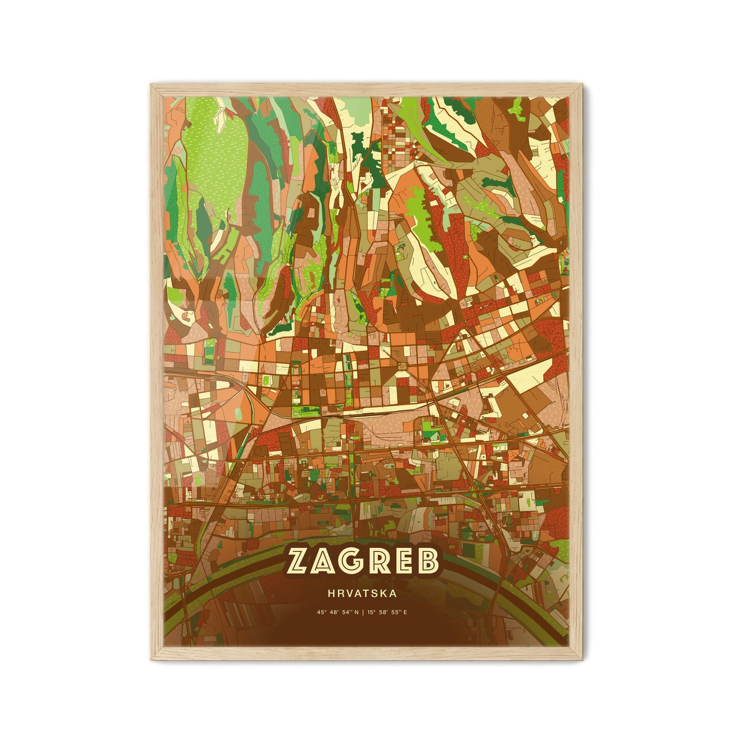 Colorful ZAGREB CROATIA Fine Art Map Farmhouse