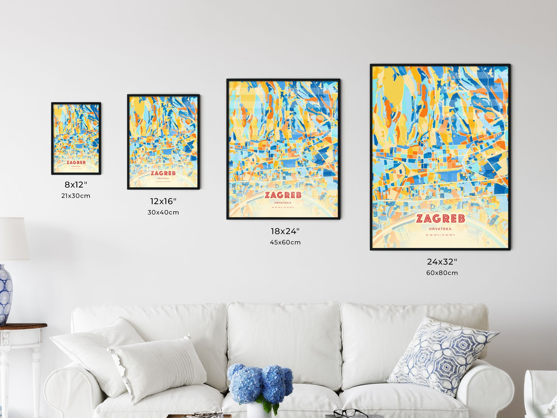 Colorful ZAGREB CROATIA Fine Art Map Blue Orange