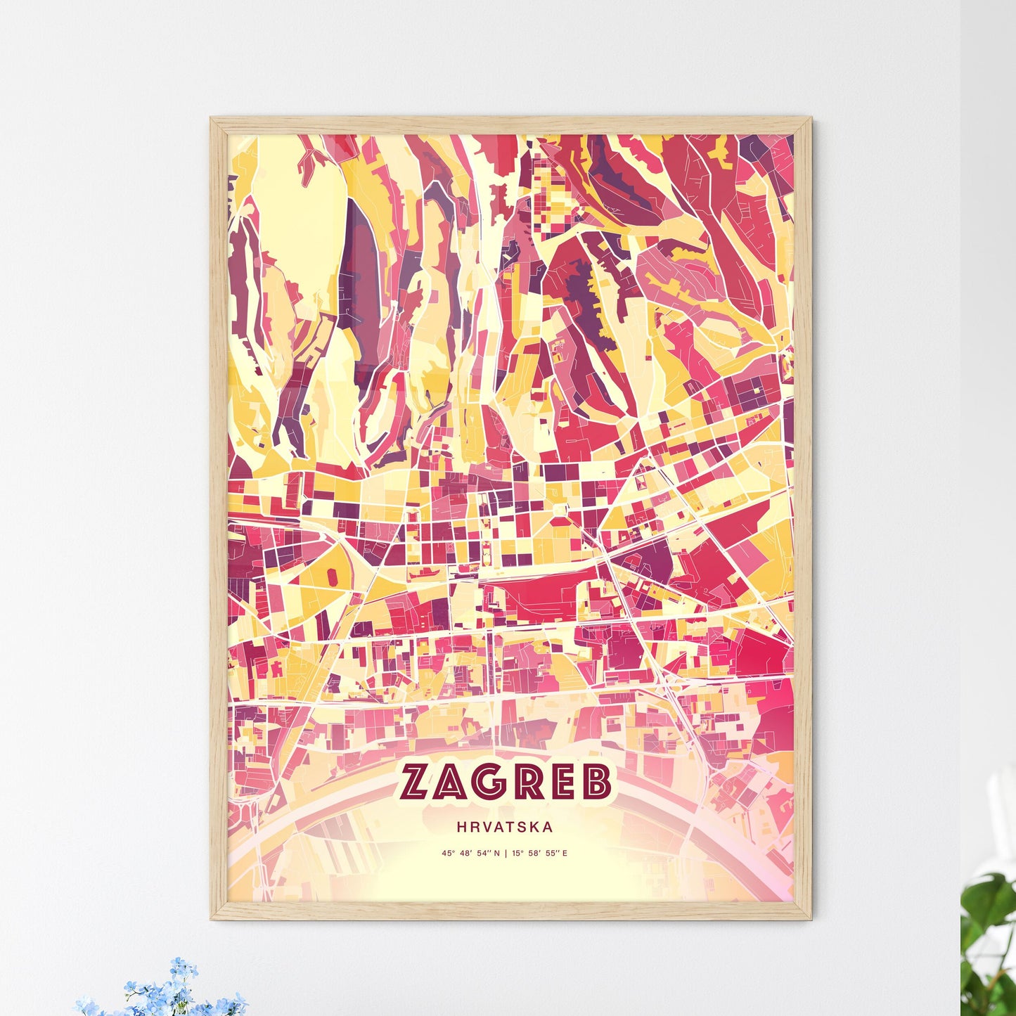 Colorful ZAGREB CROATIA Fine Art Map Hot Red