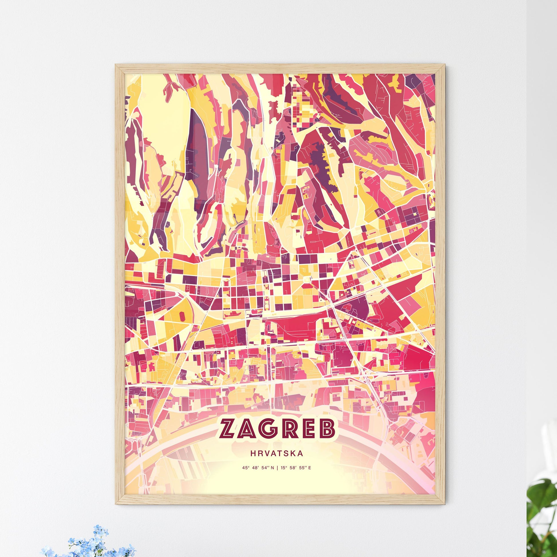 Colorful ZAGREB CROATIA Fine Art Map Hot Red