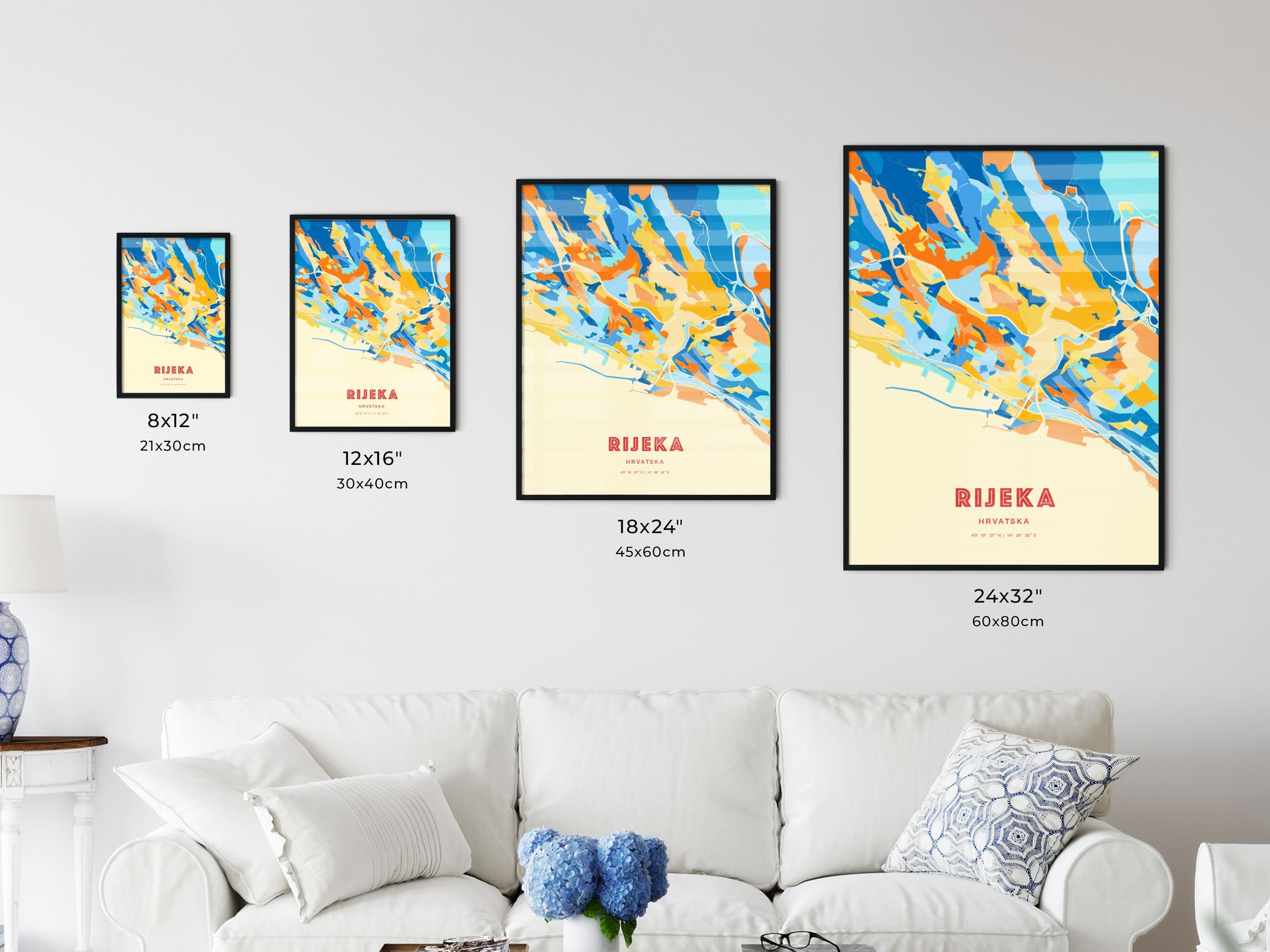 Colorful RIJEKA CROATIA Fine Art Map Blue Orange