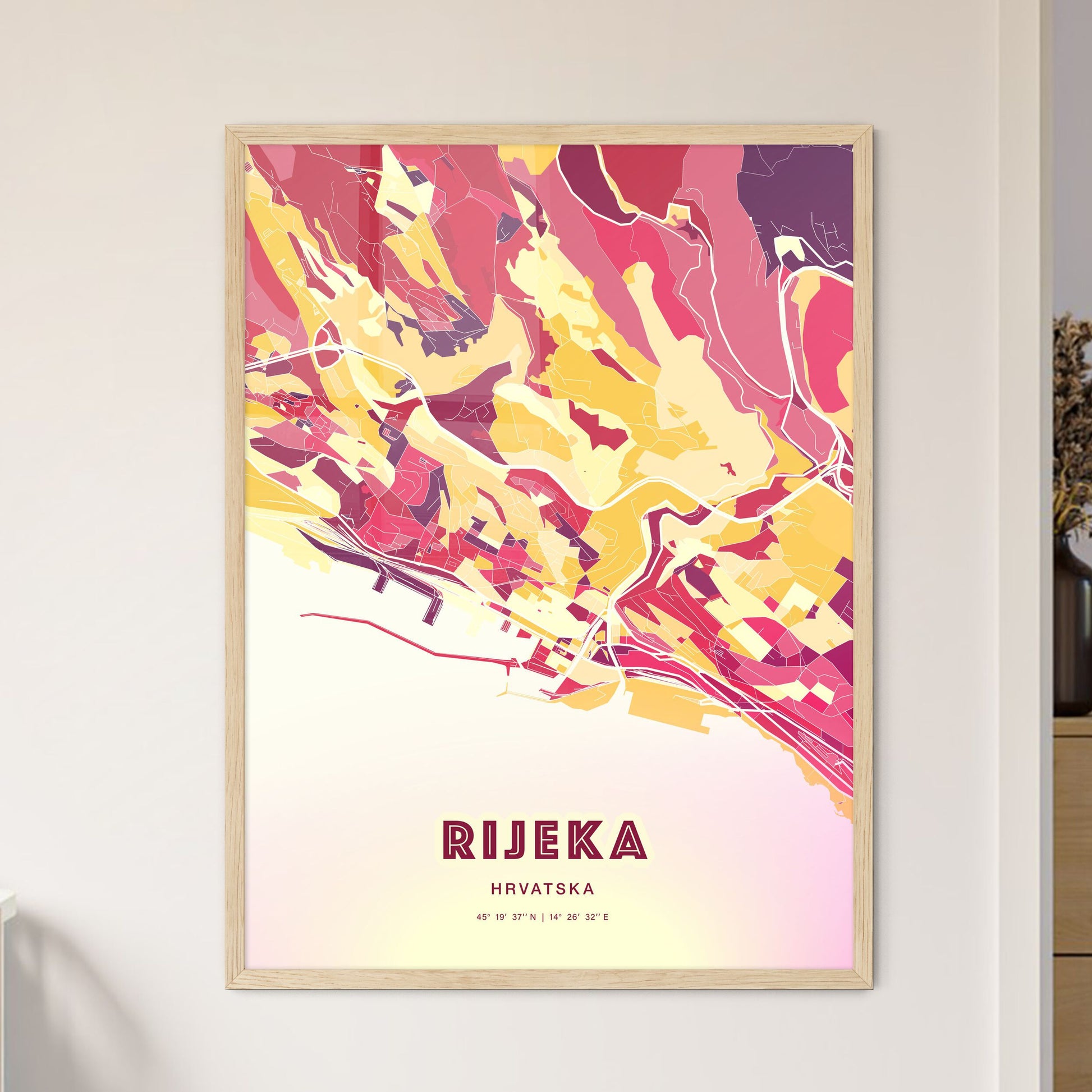 Colorful RIJEKA CROATIA Fine Art Map Hot Red