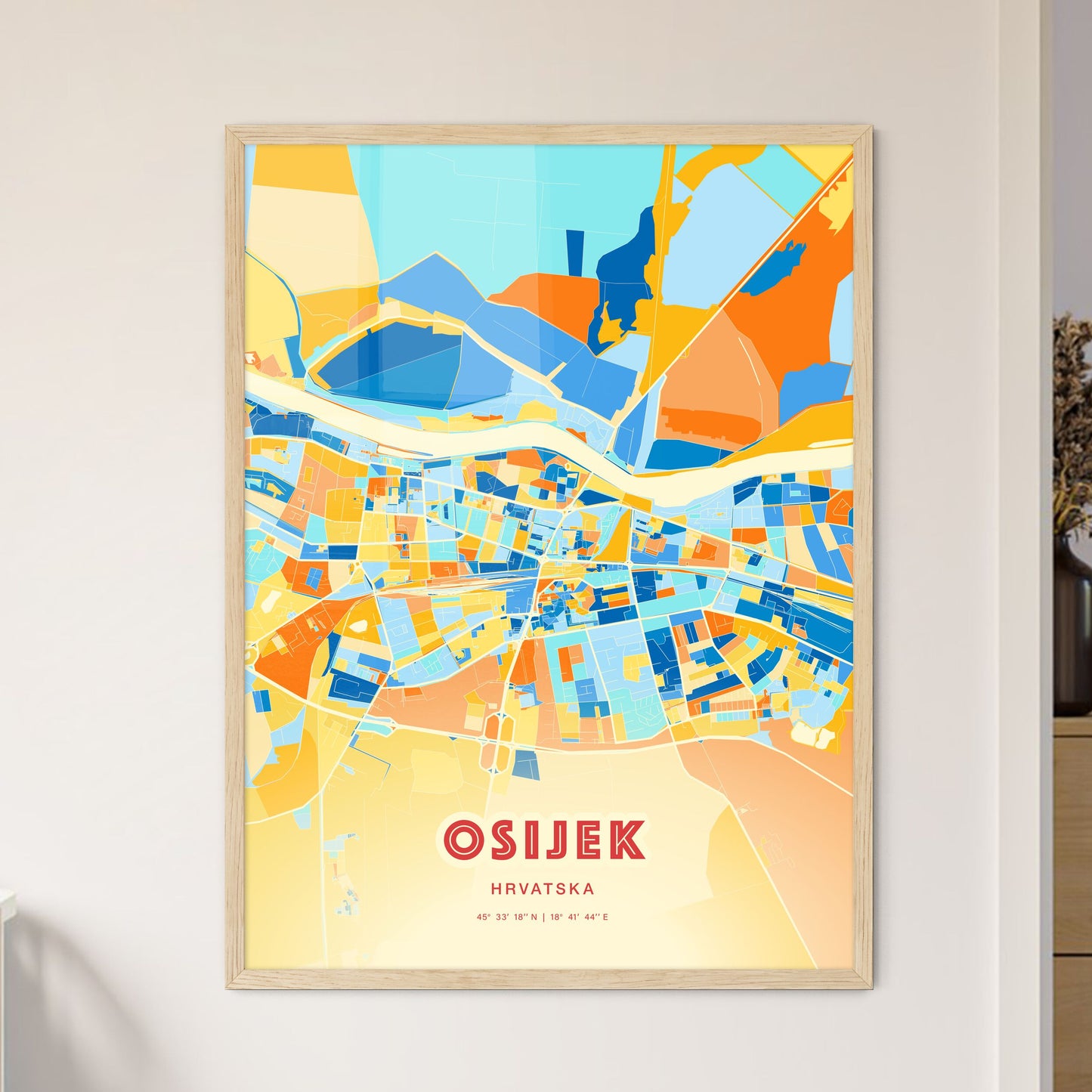 Colorful OSIJEK CROATIA Fine Art Map Blue Orange