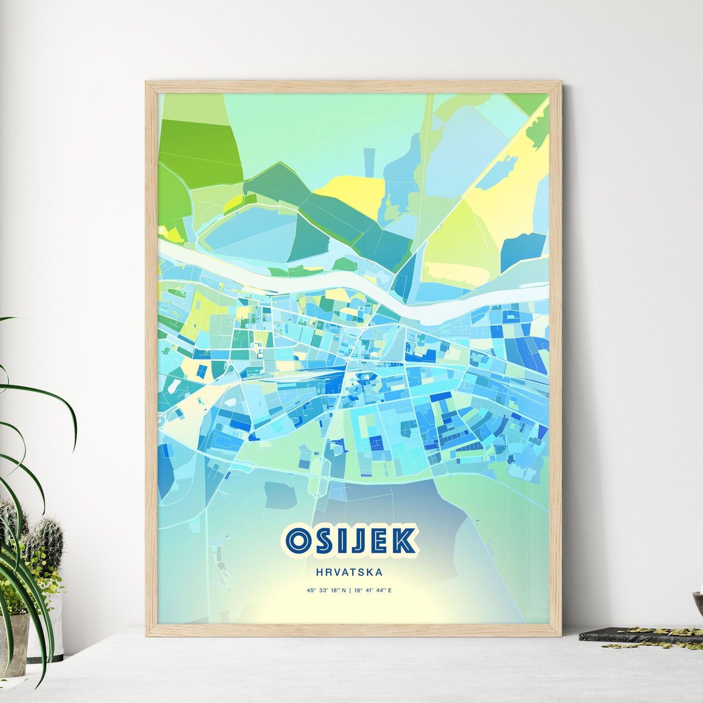 Colorful OSIJEK CROATIA Fine Art Map Cool Blue